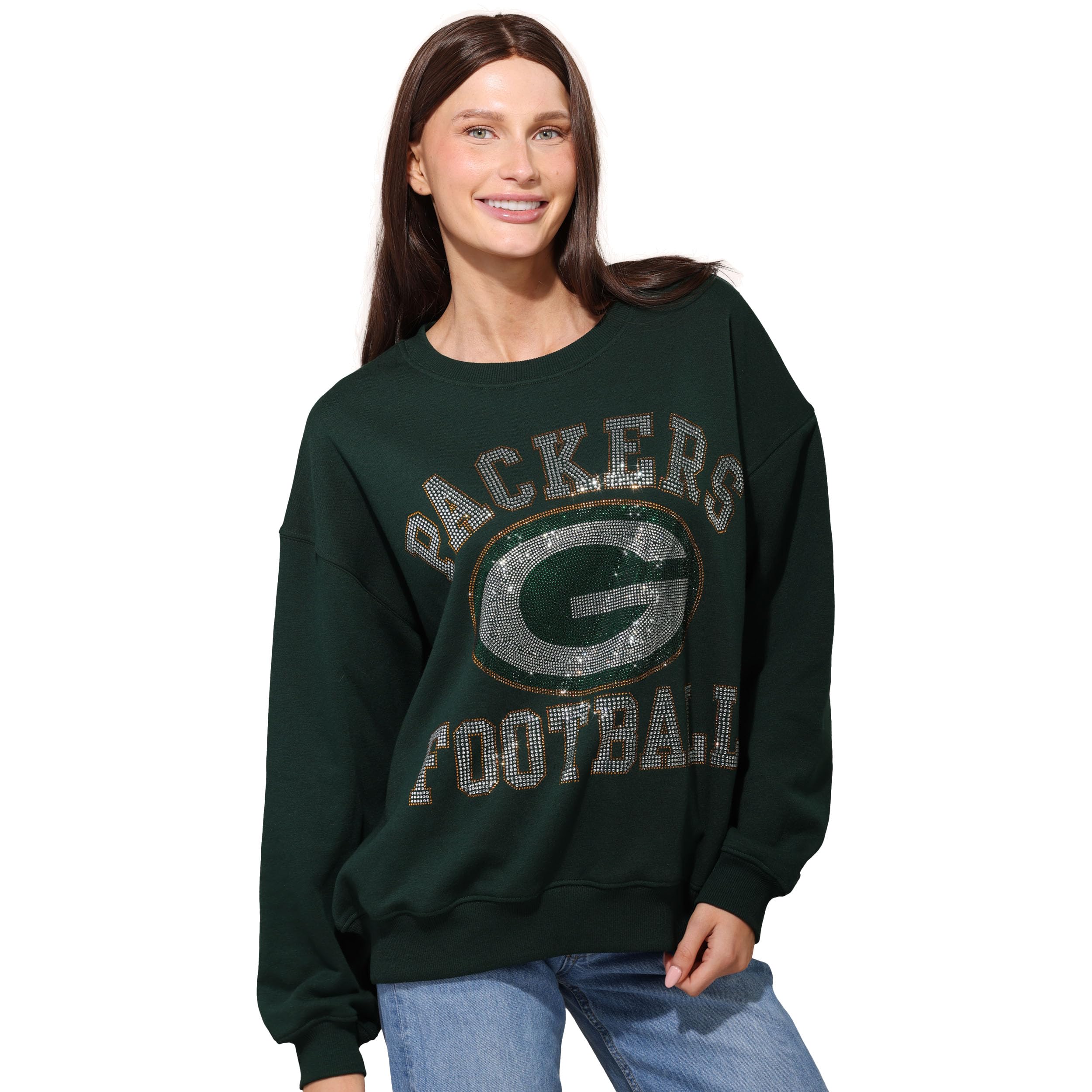 FOCO NFL womens Nfl Rhinestone Team Logo Oversized Crew Neck Sweatshirt