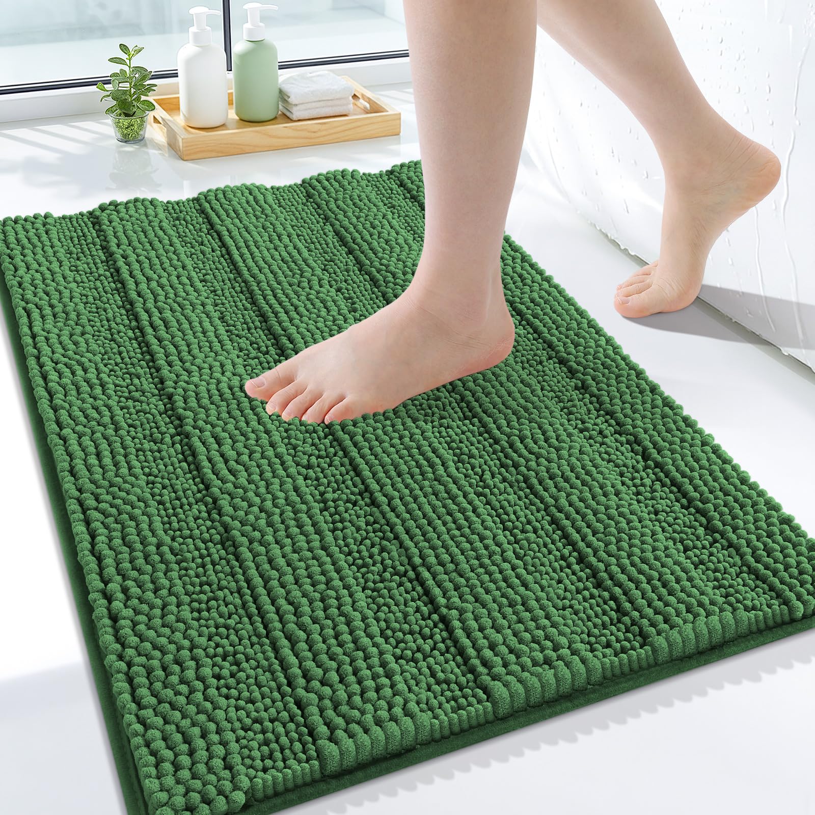 Grandaily Chenille Bathroom Rugs 24x16, Soft Bath Mats, Olive Green