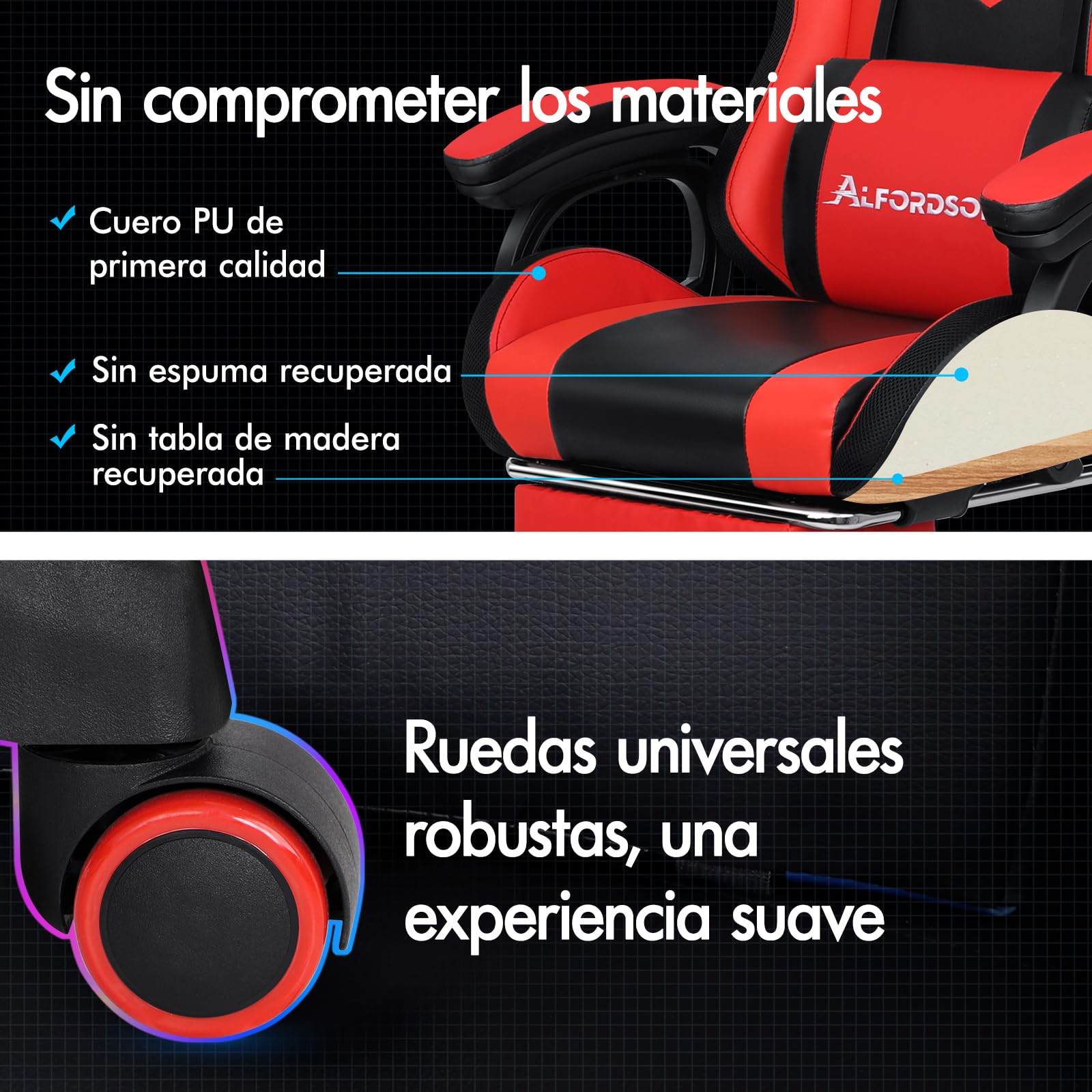 ALFORDSON Silla Gaming con Masaje y LED, Silla Gamer Ergonómica con Cojín Lumbar y Cervical, Reposapiés Telescópico, Iluminación para Ordenador, Videojuego, Juegos, Oficina, Cuero PU(Roja)