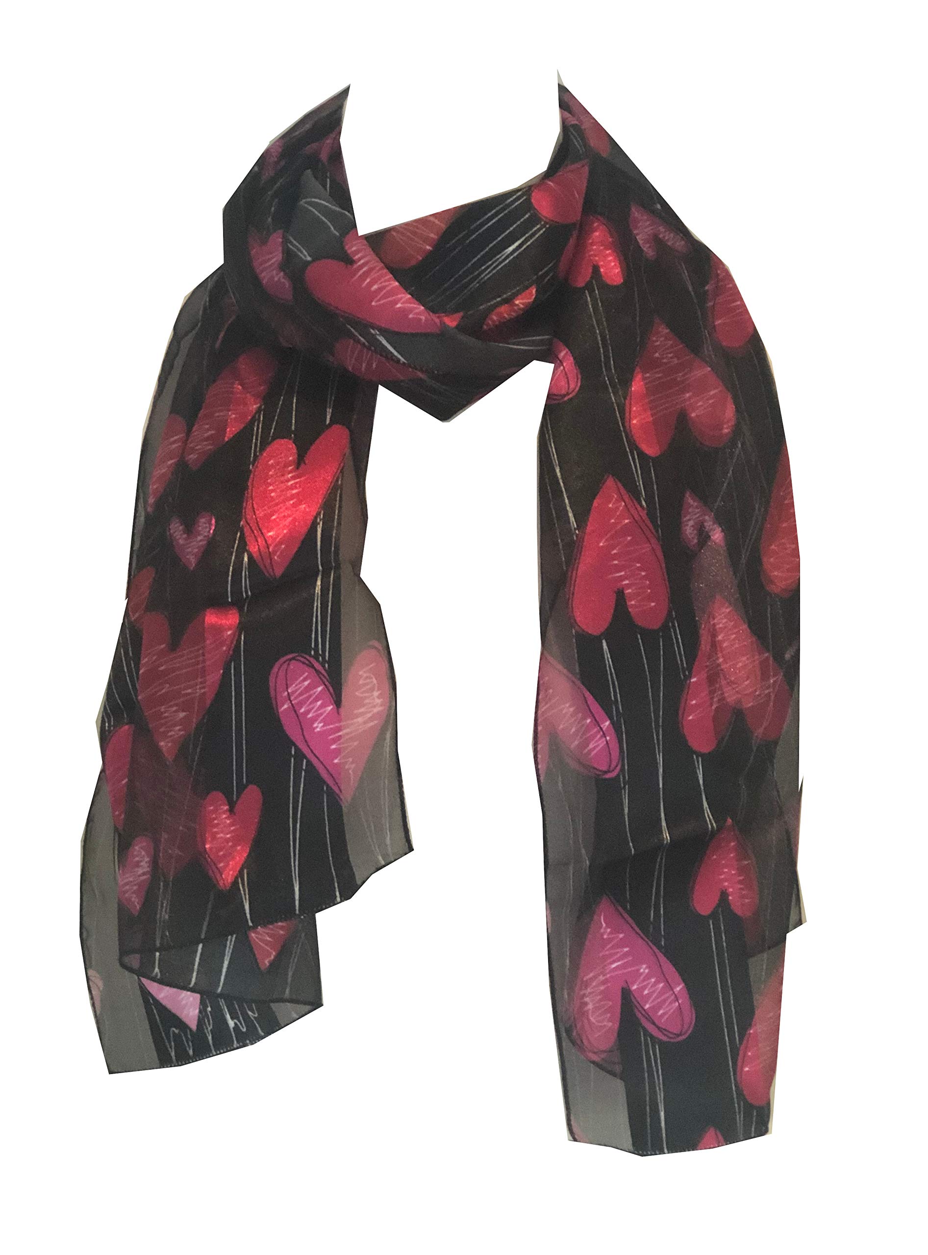 Pamper Yourself Now Women's Black Red And Pink Heart Thin Pretty Scarf. Great Gift/Present For Scarves Lovers. Great Valentine Days Gift. (Black)