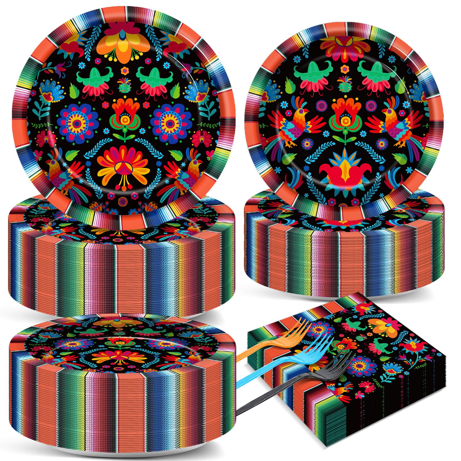 50 Guests Mexican Fiesta Plates and Napkins Party Supplies Mayo Datura Flower Party Decorations Disposable Tableware Set Day of The Dead Dinnerware Favor for Pinata Taco Theme Decor, 200PCS