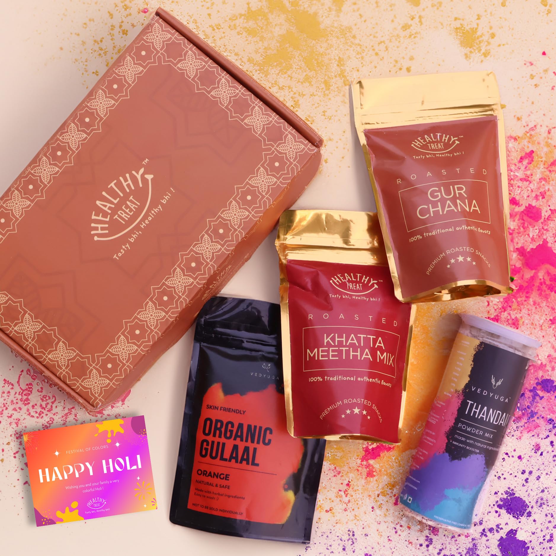 Healthy Treat Joyful Journey Holi Gift Hamper with Thandai & Herbal Gulal | Holi Gift Box | Roasted Snacks Gift Hamper | Thandai Powder | Herbal Gulal | Corporate Gifts | Skin Friendly Holi colour