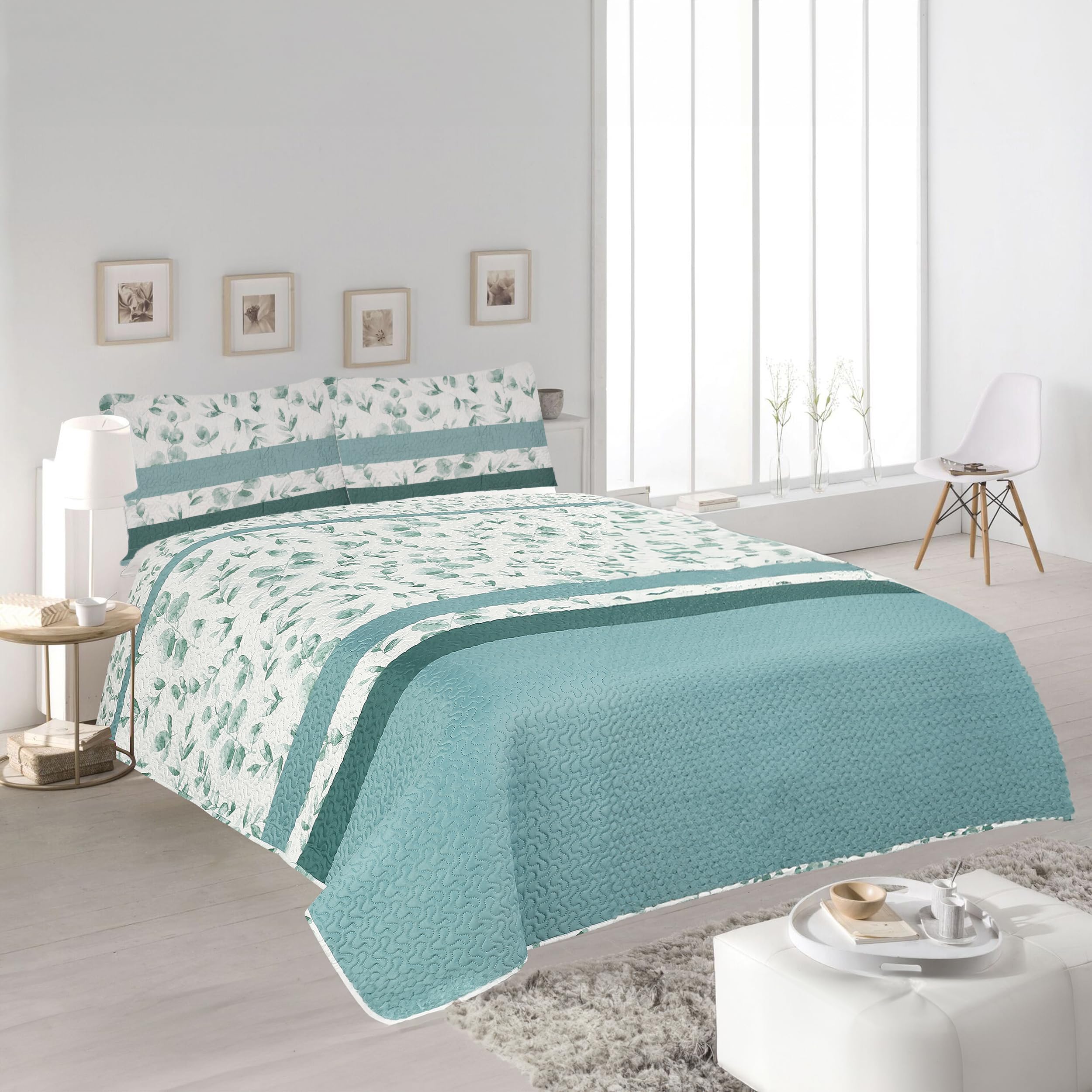 H HANSEL HOME Colcha Bouti Estampada Cama 140/150/160, 100% Microfibra Extra Suave, Bicolor Reversible, Cubrecama Fina, para Verano y Entretiempo, Incluye 2 Funda de Cojín - Hoja Verde 250x260
