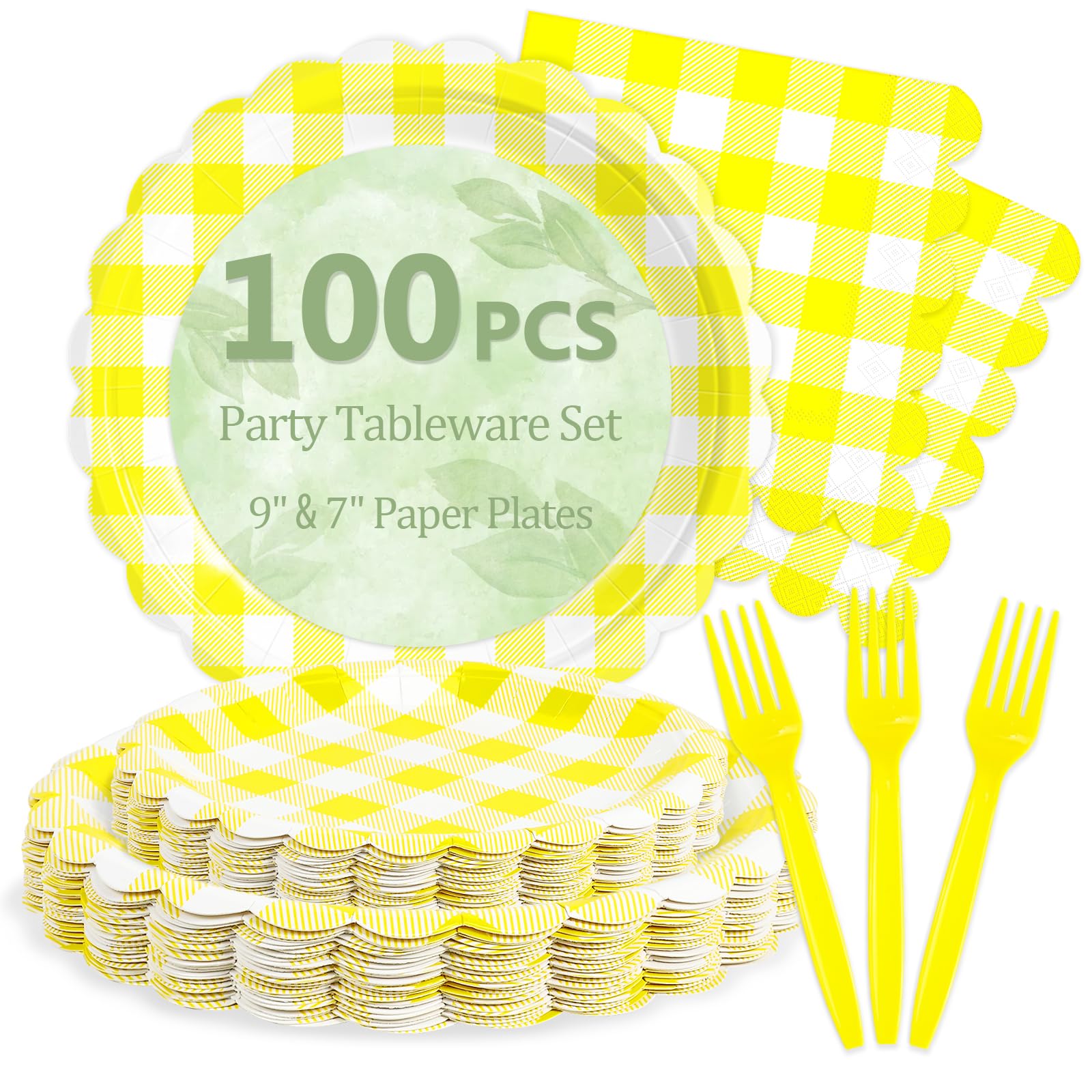 100 Pcs Yellow Gingham Paper Plates and Napkins Disposable Set for Party