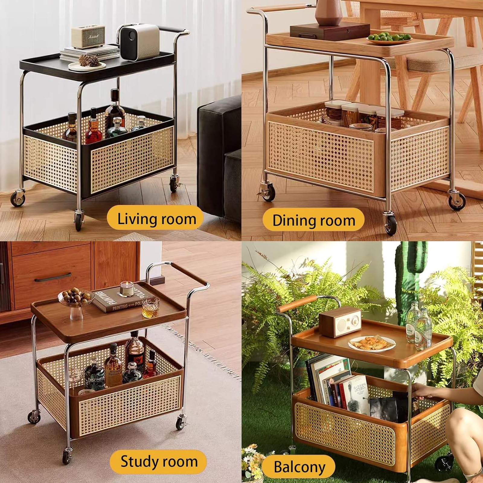 Mesa auxiliar de 2 niveles con ruedas giratorias, mesa auxiliar de madera maciza con cesta de almacenamiento, mesas auxiliares móviles para sala de estar, dormitorio, oficina