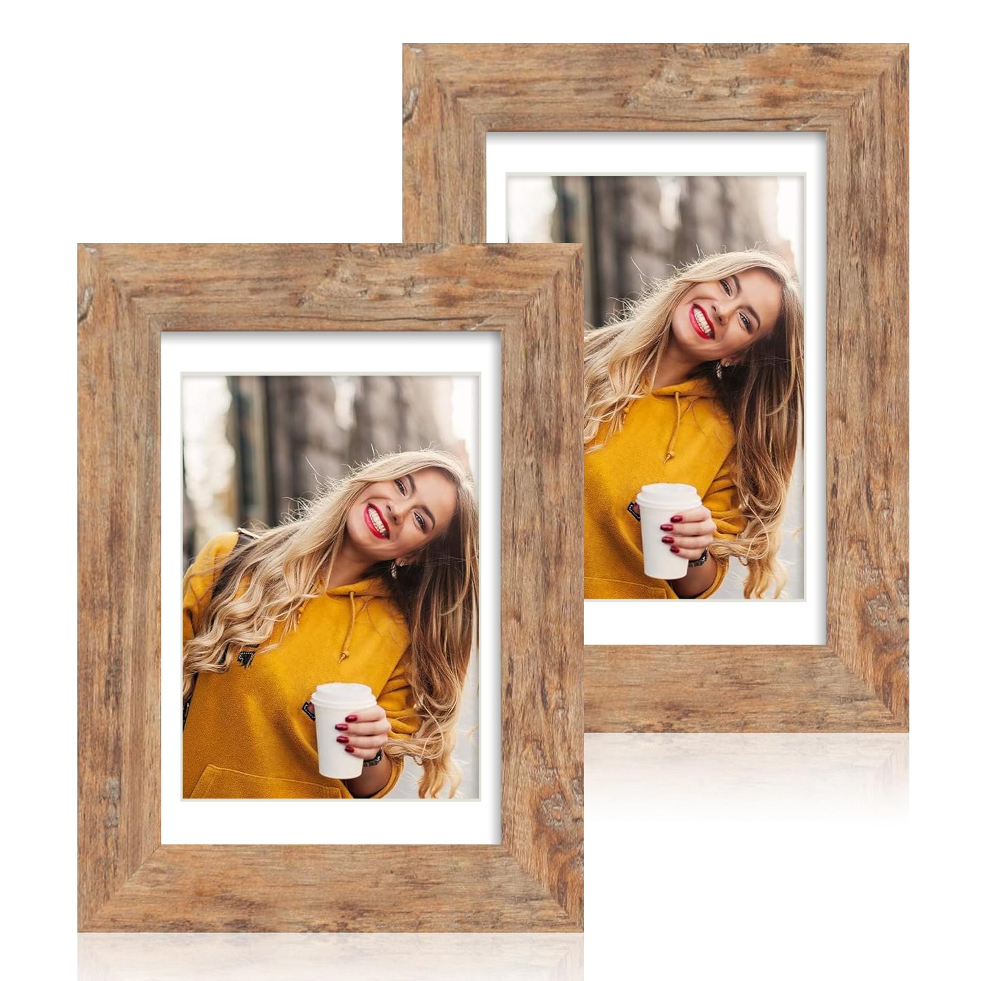 iRahmen 4x6 Picture Frame Brown Set of 2, with High Definition Glass and Mats, 4 x 6 Photo Frame for Desktop Display and Wall Mounting.
