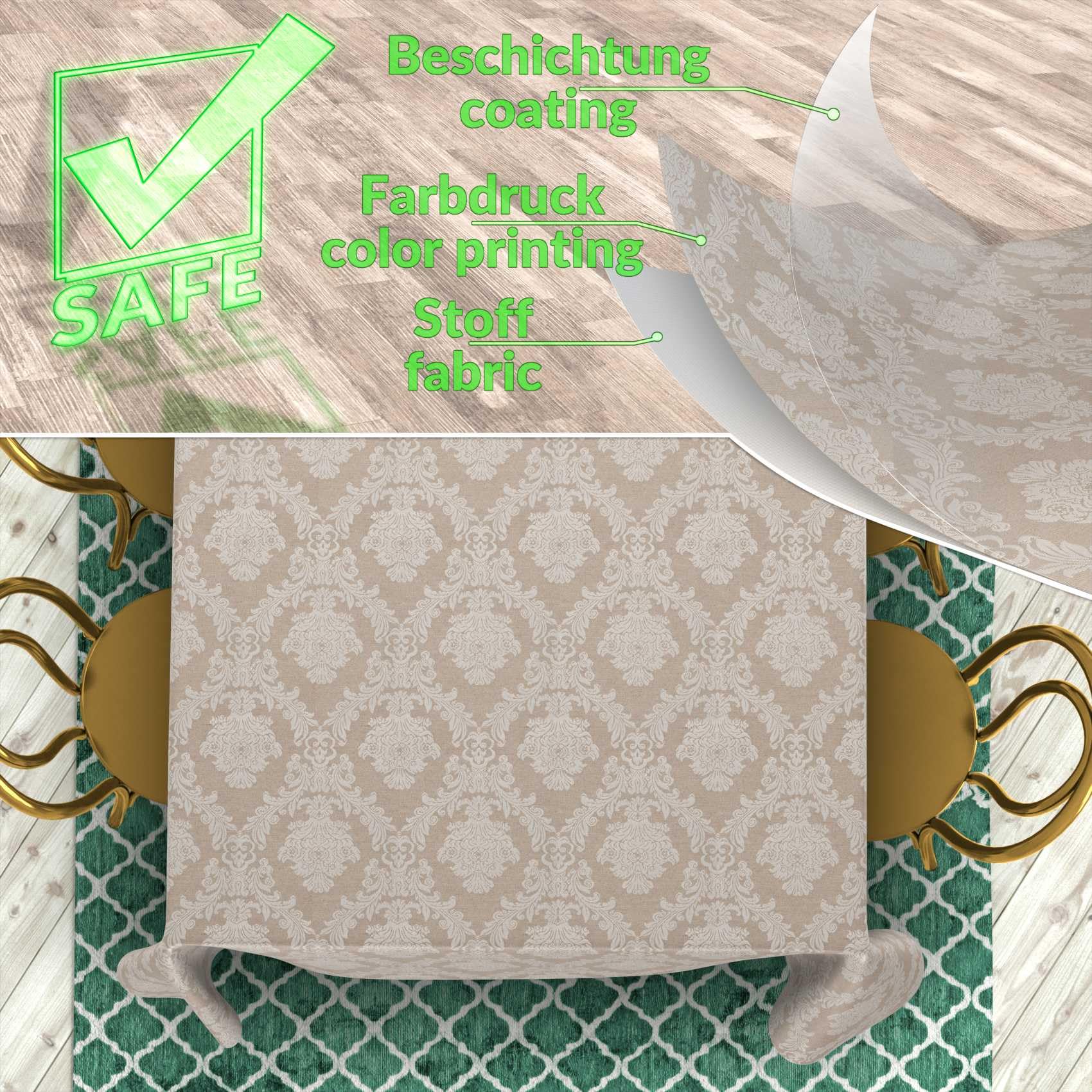 Stoff Tischdecke Textil Tischwäsche Tischtuch Baumwolle Polyester abwaschbar Uni Ornament Damast Jacquard Gewebe waschbar Barock Beige 350x140cm Schnittkante