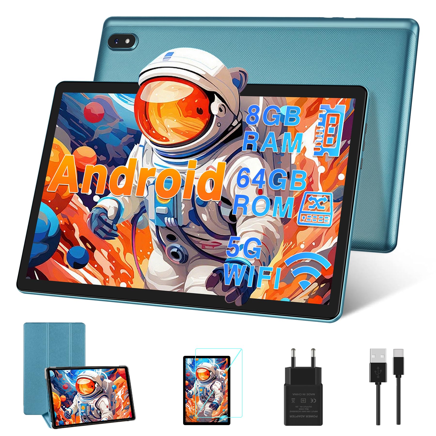 DMOAO Tablet 10 Pollici Android con 5G Wi-Fi, HD Tablet con 8 GB RAM + 64 GB ROM (Espandibile fino a 1 TB), GPS, 8 Cores 2.0 GHz, Bluetooth 5.0, 1280 * 800 IPS, USB-C, 6000 mAh, Blu