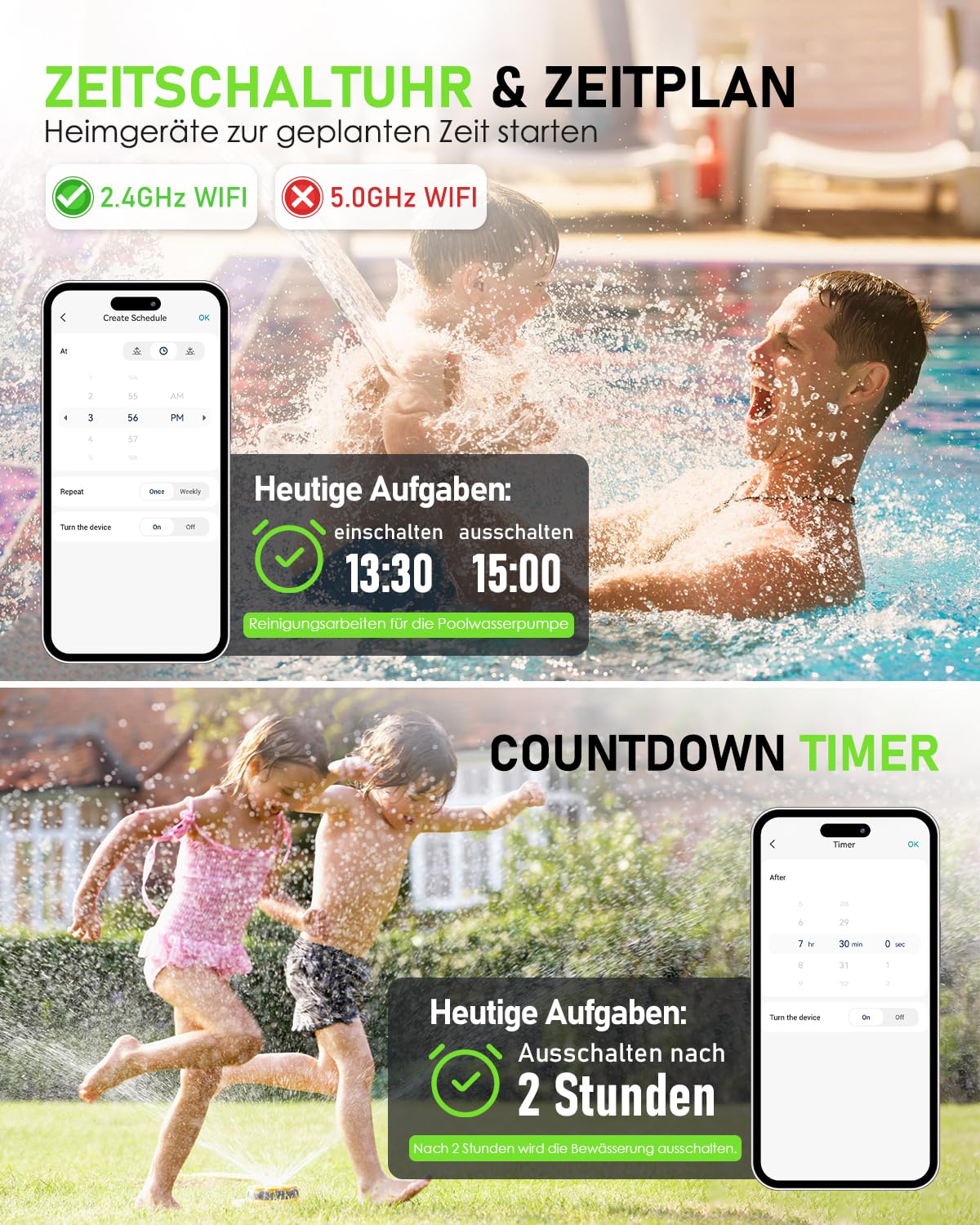 Greenaura WLAN Steckdose Outdoor - Zeitschaltuhr Aussenbereich mit Strommessung IP44 Wasserdicht, Smart Life APP Fernbedienung, Kompatibel mit Alexa/Google Home, 16A 4000W 2.4GHz WiFi