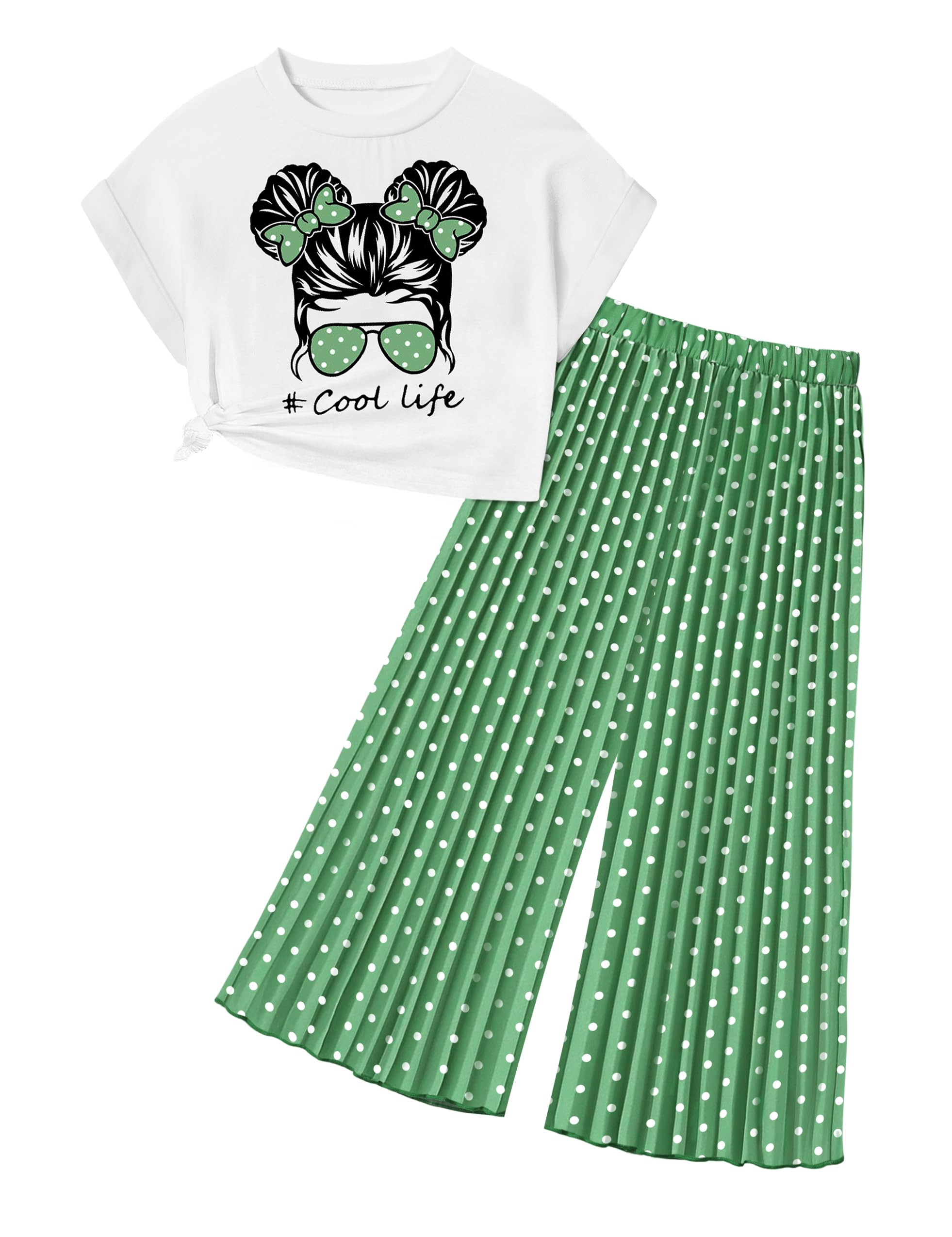 ADIFUN Girls Clothes Crop Tops Pleated Wide Leg Pants 2Pcs Spring Summer T-shirt Outfit