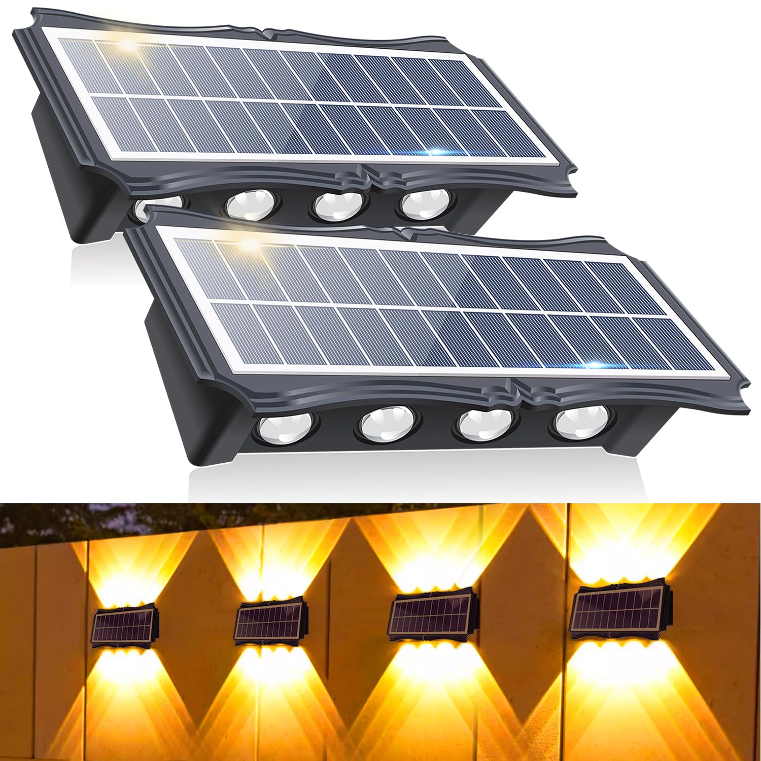 Solar Wall Lights Outdoor, 2 Pack Solar Deck Lights Solar Powered Fence Lights Waterproof Up and Down Golden Lighting Mode for Yard, Garage, Porch……