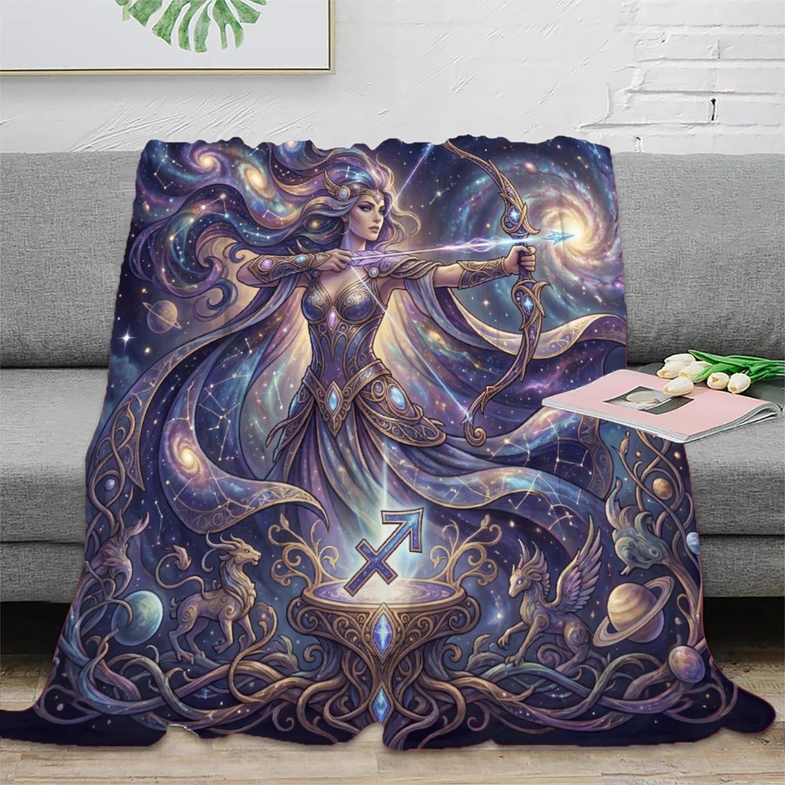 W7C8U2X3 Sagittarius Zodiac Starry Flannel Throw Blanket, Travel Bed Couch