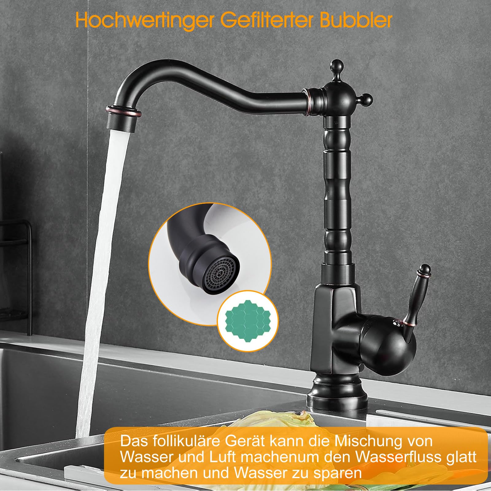 Grifo mezclador de cocina tradicional Bronce frotado con aceite, palanca única Caño giratorio Grifo para lavabo de cocina/baño, Grifo monomando frío y caliente, BL9250B