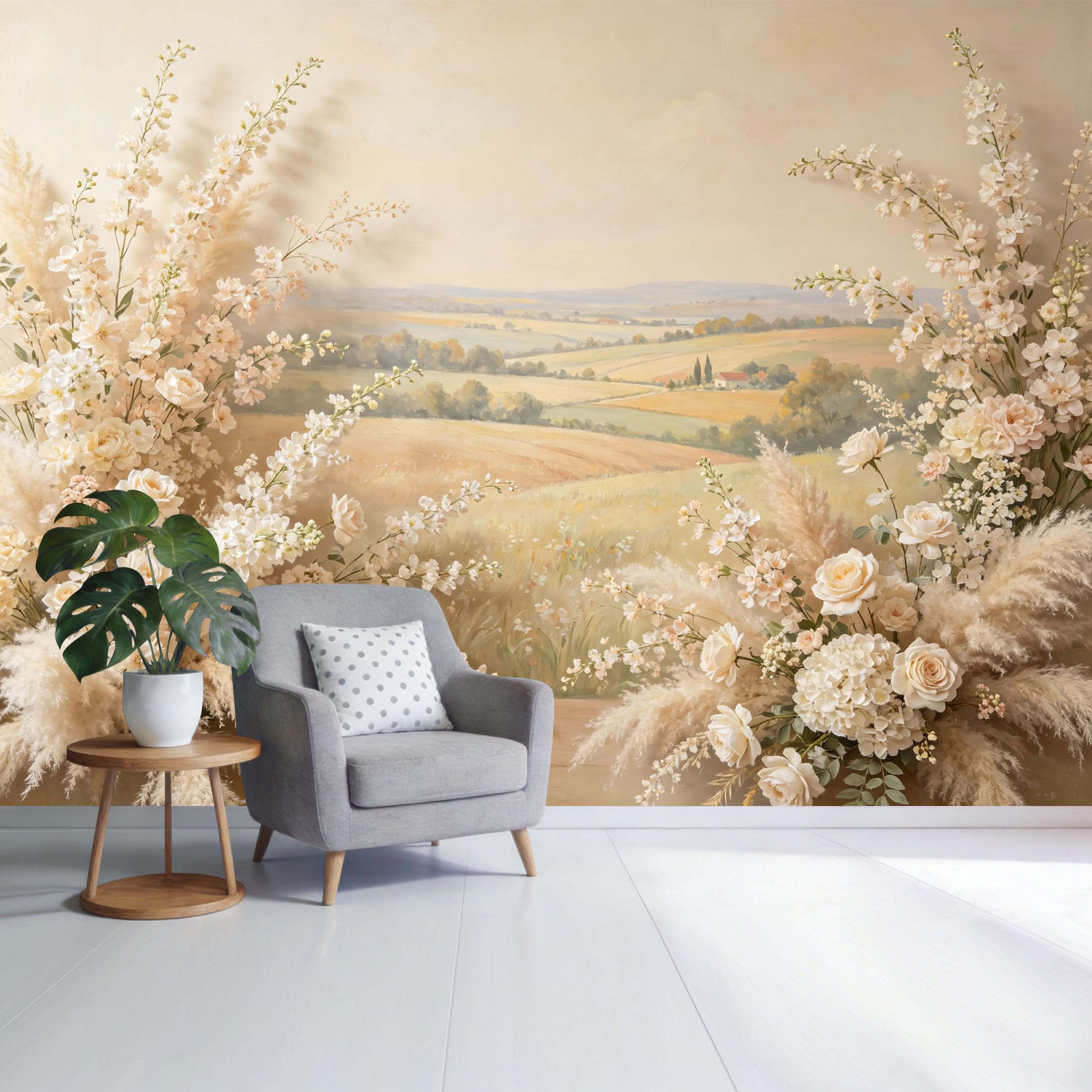 Custom Size Wall Mural Pastoral Landscape Botanical Floral Field View Watercolor Style SelfAdhesive Wall Fabric Removable Wallpaper for Home Office Decor