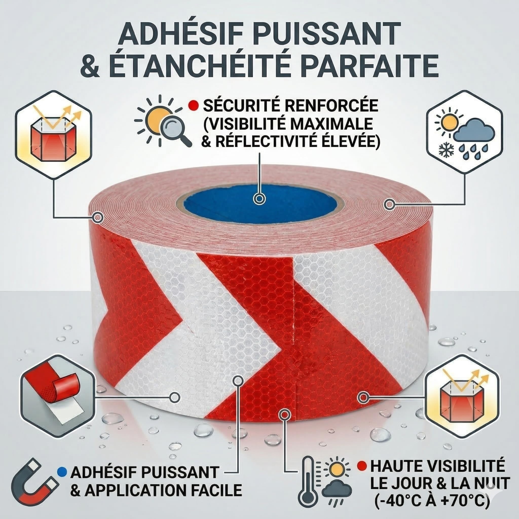 Bande Réfléchissante Autocollante 10cm x 25m Rouge et Blanc – Ruban Réfléchissant Haute Visibilité PET Imperméable – Sécurité Véhicule, Camion, Porte Garage, Signalisation