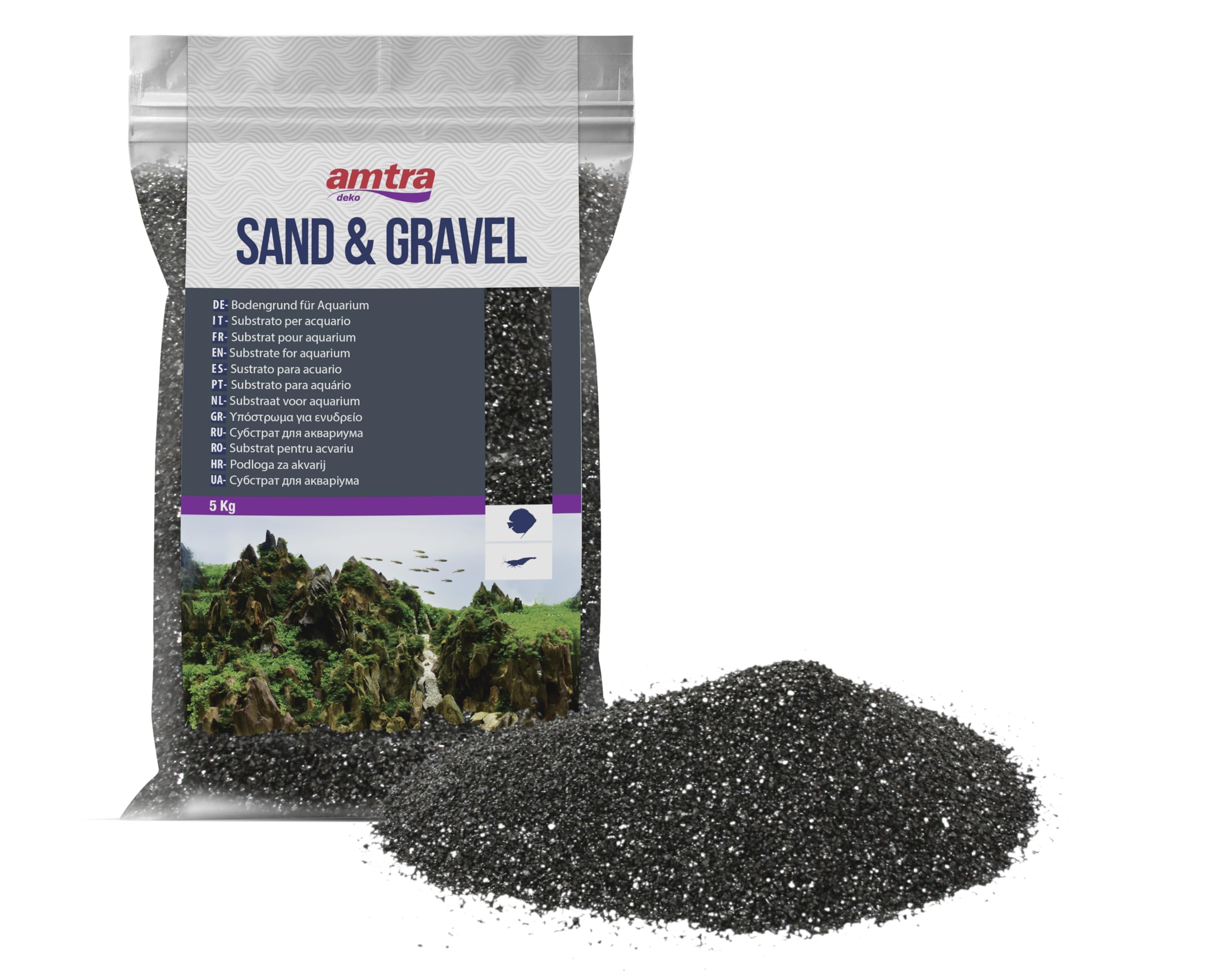 Amtra Fine Negro Sand Arena Para Acuarios, Fondos de Acuarios de Agua Dulce y Salada, Negro, No Tóxico, 0.3-0.9 mm, 5 kg