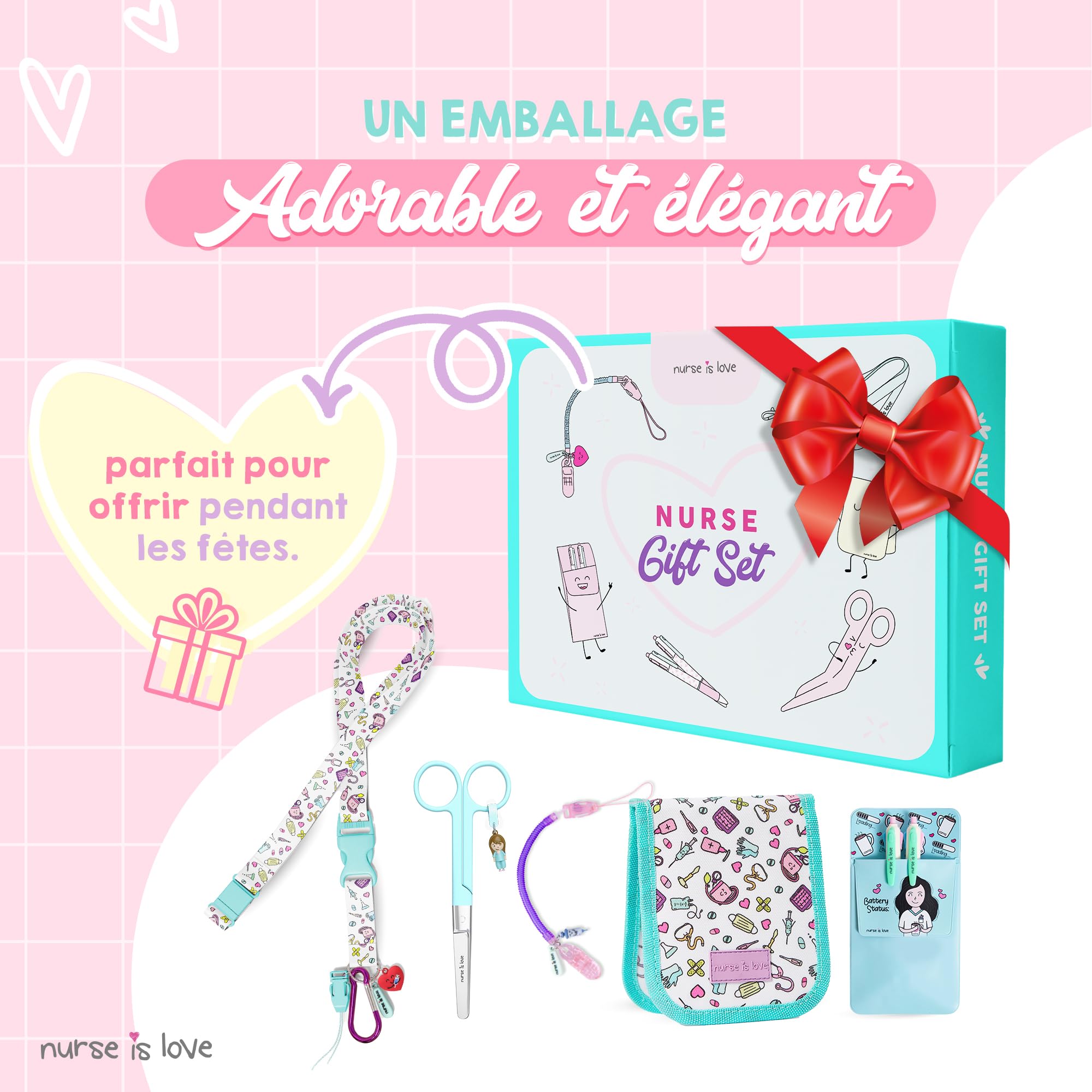 Nurse is Love Cadeau Infirmiere Set De 5 Pcs. | Tour De Cou Badge - Porte-Badge + Ciseaux + 2 Pochette Infirmiere avec 2 Stylo Personnalisé Multi-Encre + Porte-Ciseaux | Infirmiere Accessoires & AS