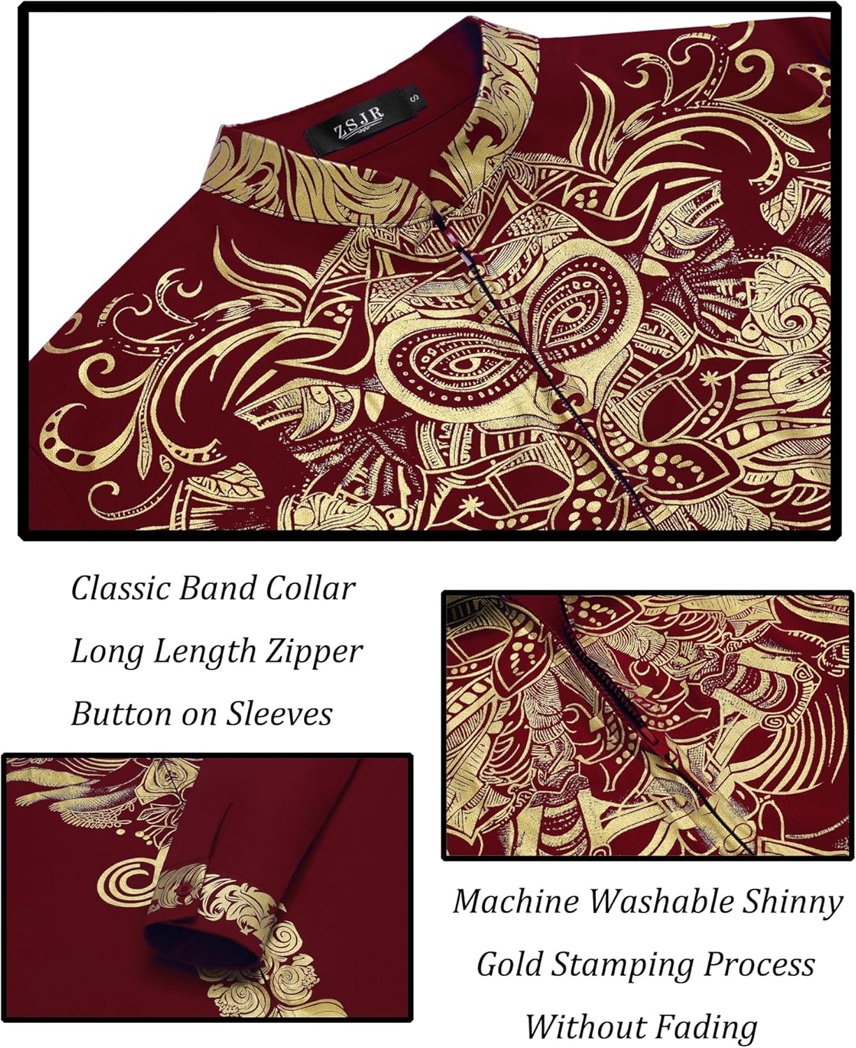 Mens African 2 Piece Set Zipper Nigerian Dashiki Metallic Shirt and Pants Outfit Gold Stamp Printed Long Traditional Suit - Image 7