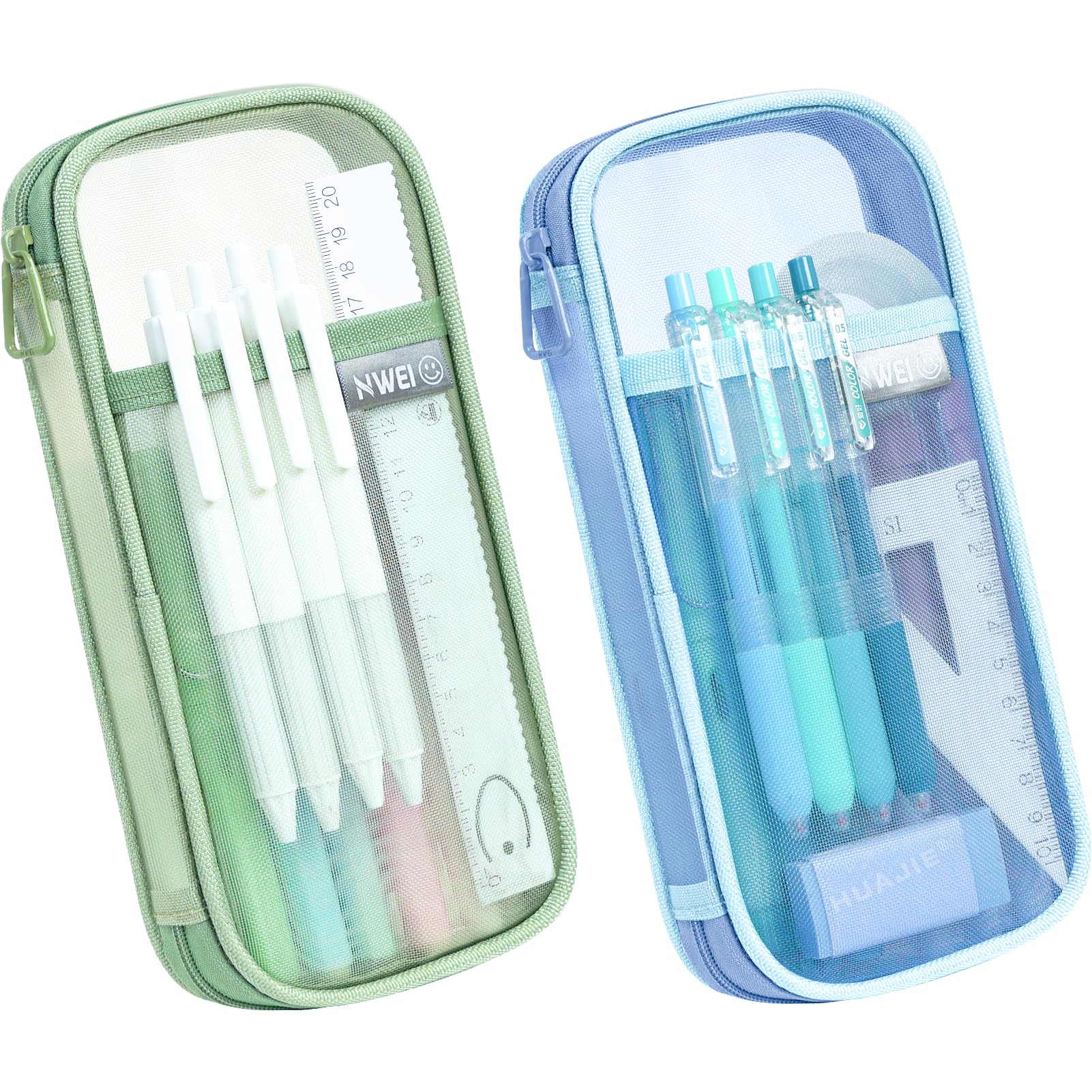 WORPSON 2-Pack Double-Layer Zipper Grid Mesh Pencil Case – Large Capacity Pencil Pouch & Clear Organizer for Office, Travel, and Everyday Essentials (