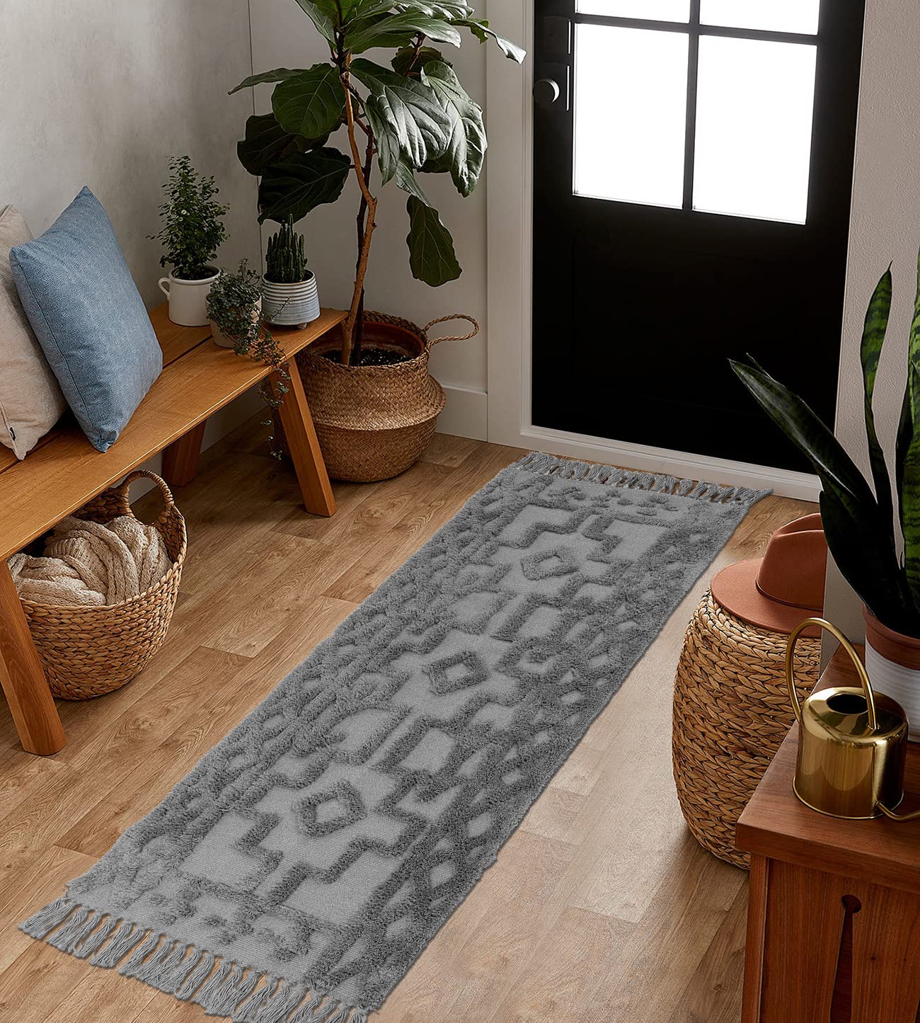 Uphome Runner Rug 2' x 6' Tufted Boho Hallway Rugs with Tassel Cotton Washable Tribal Accent Throw Rugs for Laundry Porch Bedroom Kitchen Living Room, Light Gray