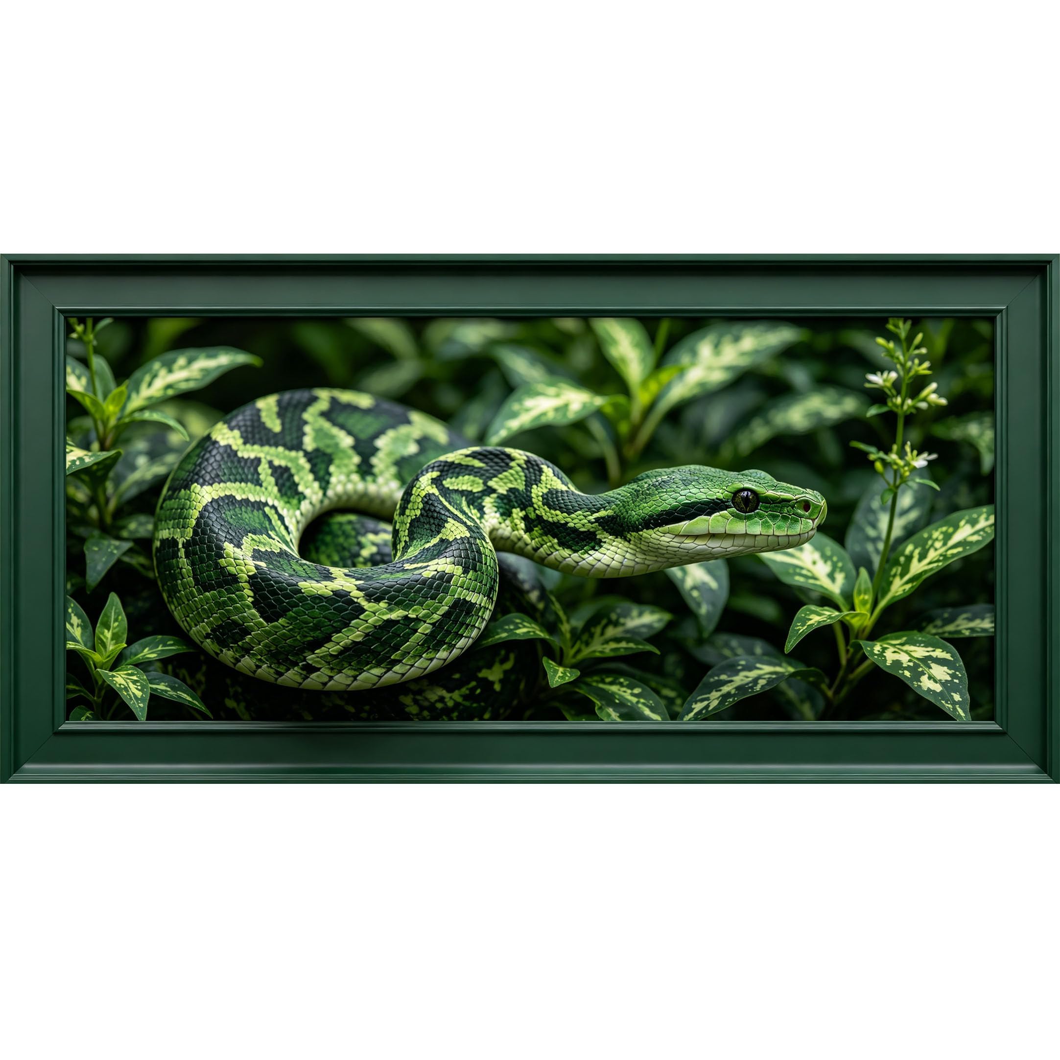 Agglomerix 3D Framed Wall Art Green Snake Jungle Tropical Leaf Wildlife CloseUp Textured Effect Large Size Self-Adhesive Removable Wall Decor Prints Artwork for Living Room Bedroom Office