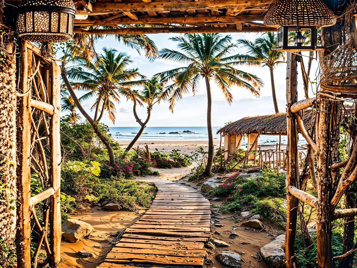 Sabrikas Let Your Creative Spirit Run Free Goa Beach Shack Garden Mural, Tapestry & Curtain Waterproof Mural Outdoor Wall Hanging, Tropical Palm Tree Wall Art & Coastal Fence Decor