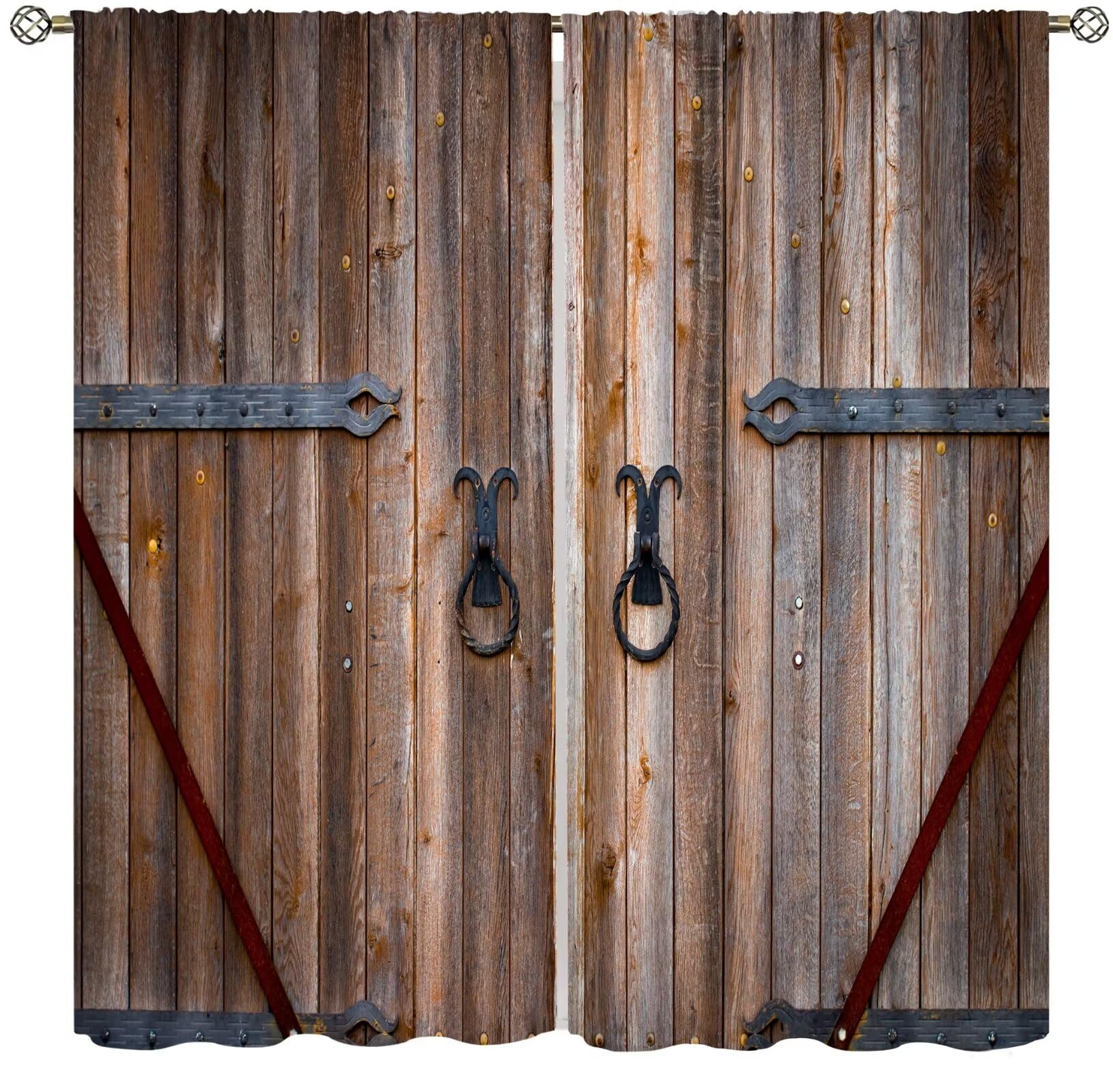 ICMOLYYENLO Vintage Wood Door Curtains Rustic Farmhouse Barn Door Rustic Theme Pattern Blackout Curtains Vintage Cottage Living Room Printed Curtains