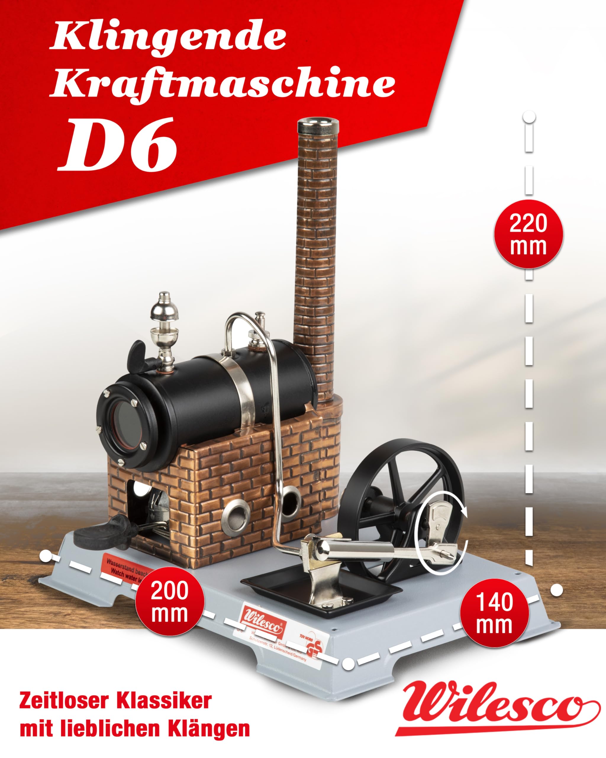 Wilesco Dampfmaschine D6 - Klassisches Design für Kinder ab 8+ Jahren und Technikbegeisterte, mit hochglanzpolierten und vernickelten Messingteilen, umfangreichem Zubehör
