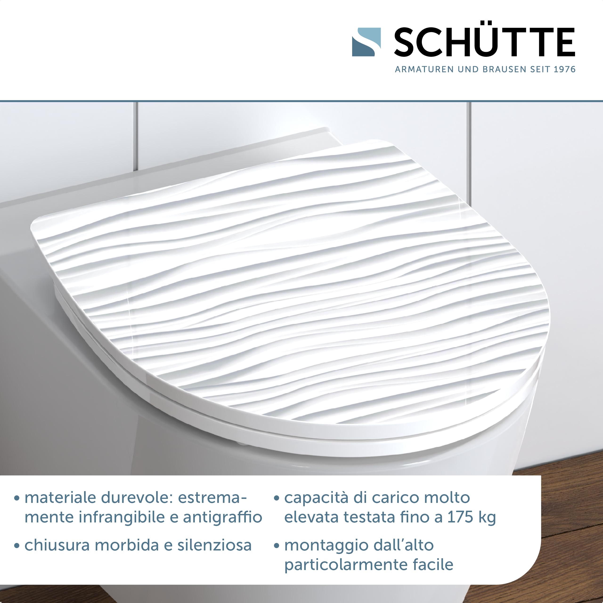 SCHÜTTE 82584 - Sedile WC in Duroplast High Gloss, bianco, con abbassamento automatico e chiusura rapida, motivo