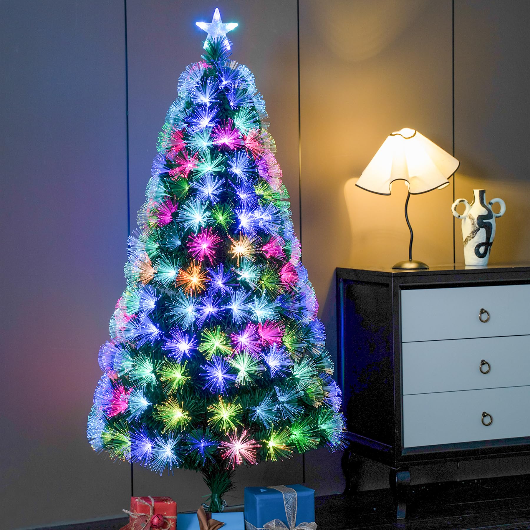 5ft Fiber Optic Christmas Tree, Pre lit Christmas Tree w/170 Branch Tips, Top Star, Multi-Color LED Lights, Fiber Tree for Home, Party, Office,Coffee Shop, Holiday Decor