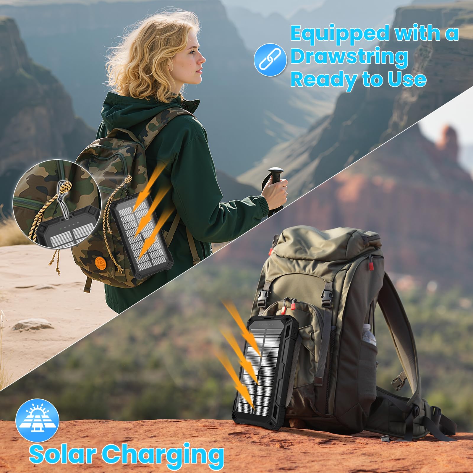 Solar Power Bank 49800 mAh - Caricabatterie portatile wireless 15 W Ricarica rapida con 4 cavi integrati. Dotato di una potente torcia, IP65 Outdoor impermeabile Power Bank perfetto per il campeggio