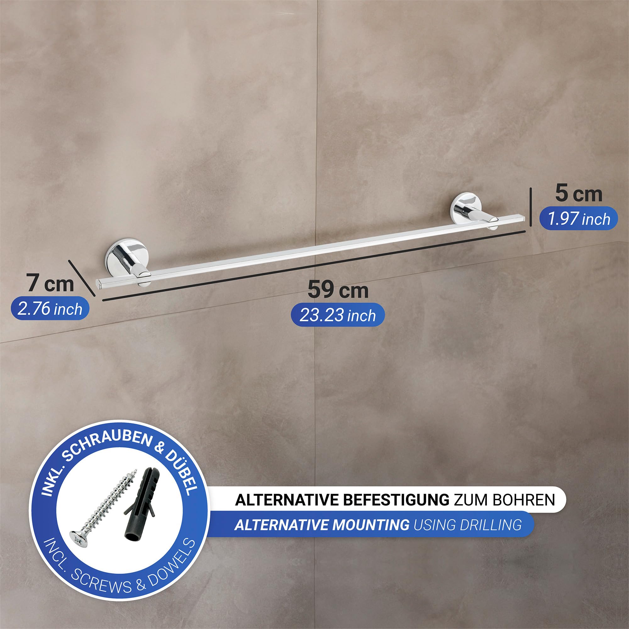 WENKO UV-Loc® Badetuchstange UNO Isera, Wand-Handtuchhalter aus Vierkantrohr zum Befestigen ohne Bohren mit innovativem Klebesystem, Wandmontageplatte aus Zinkdruckguss, rostfrei, 59,5 x 5 x 7,5 cm