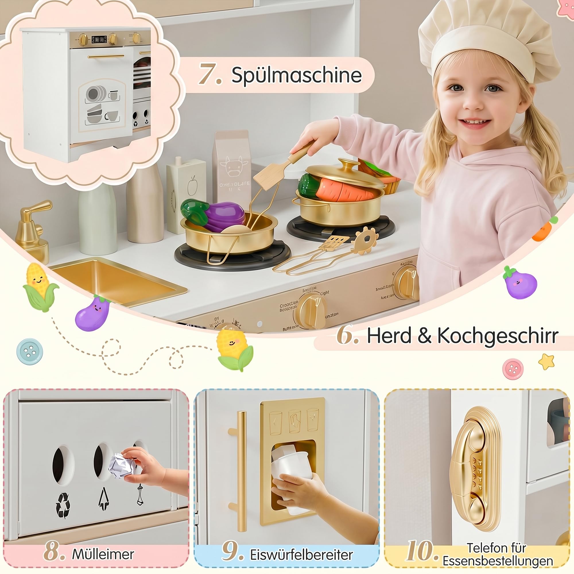 Xilingol Kinderküchen aus Holz, Spielküche Kinder mit Licht und Soundeffekten, Geeignet für Kinder ab 3 Jahren mit Kinderküche Zubehör 21TLG. Weiß