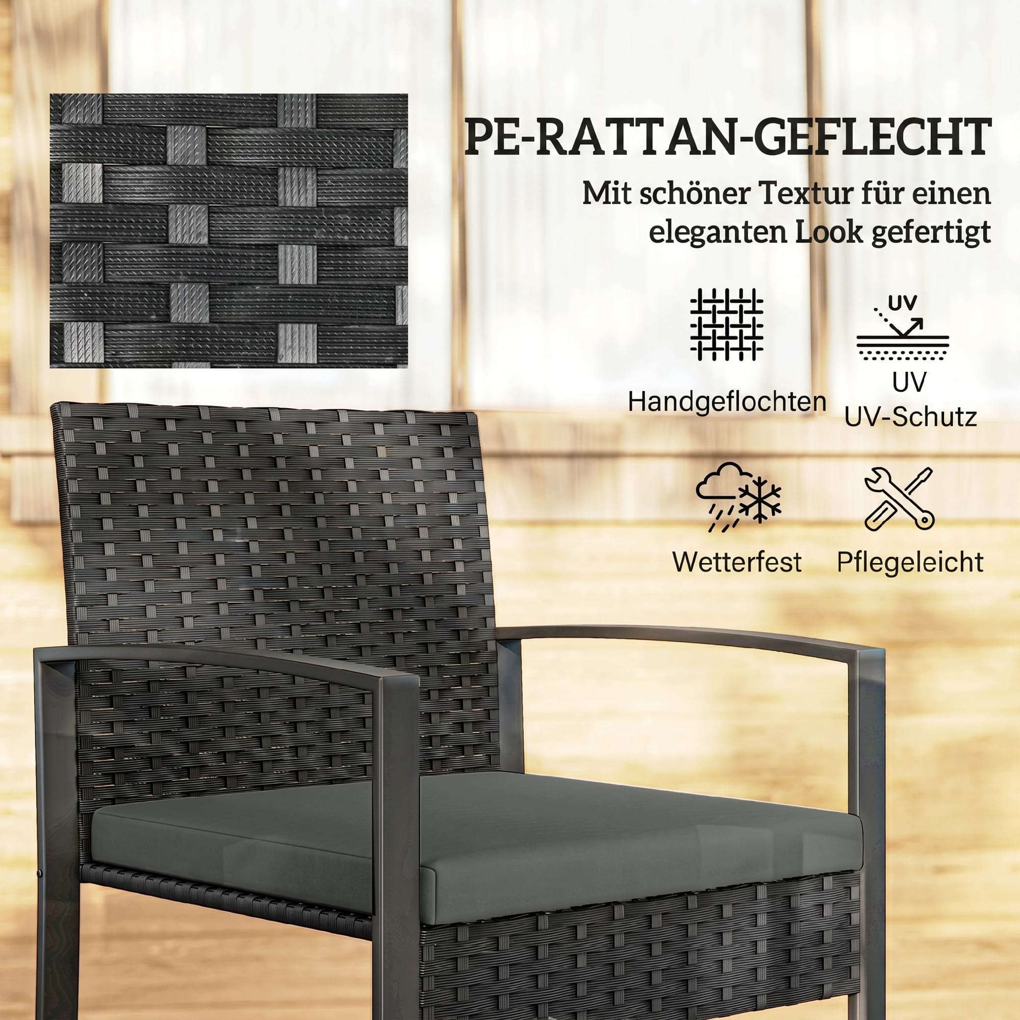 Outsunny Zestaw Bistro, 3-częściowy Zestaw Mebli Ogrodowych z 2 Fotelami, Stolik Kawowy, Poduszki, Zestaw Balkonowy, Meble Tarasowe, Ciemnoszary