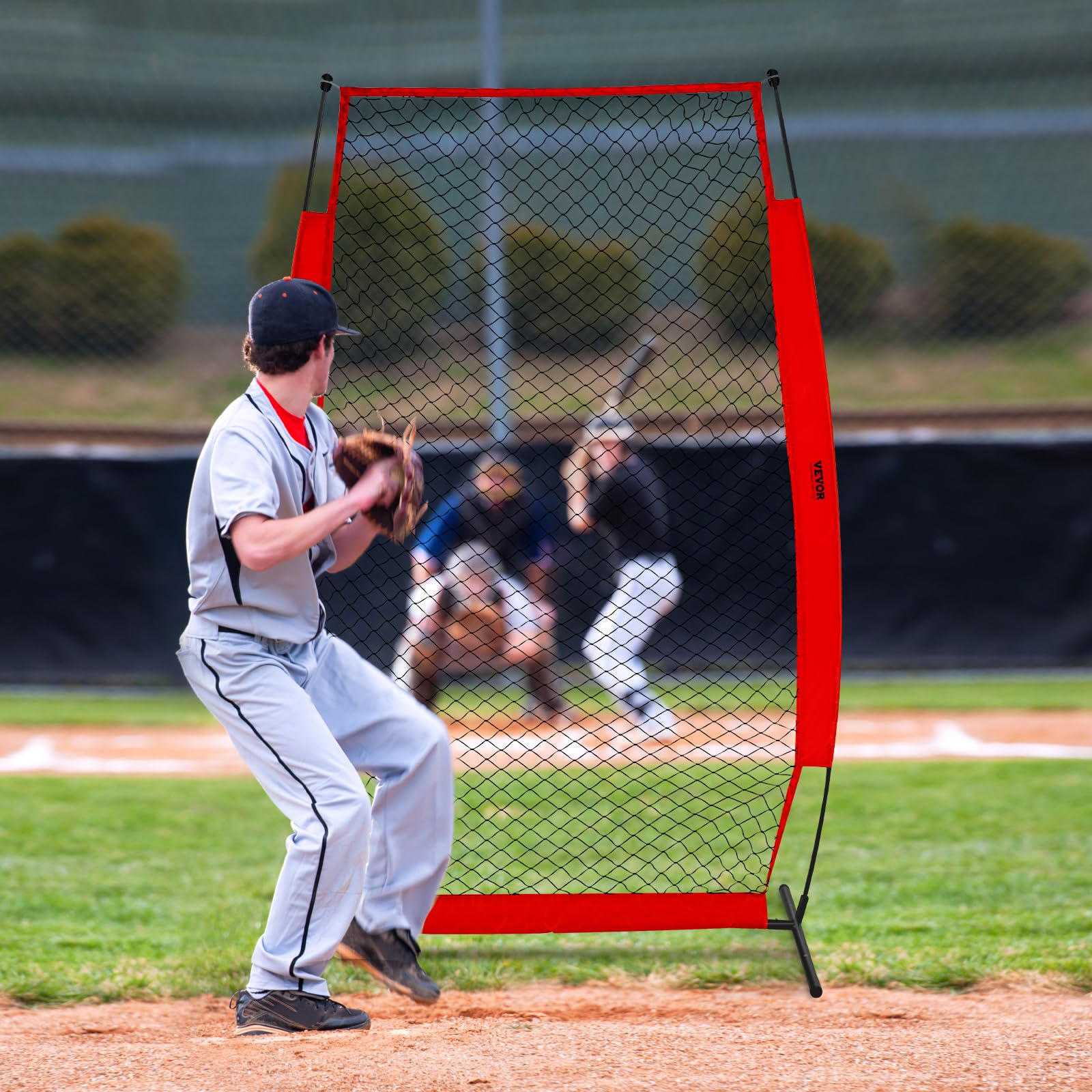 VEVOR Écran Protecteur de Baseball en I, Filet de Protection de Softball 140 x 218 cm, Portable avec Sac de Transport et Piquets de Sol, Équipements pour Cage de Frappeurs Protection Lanceurs
