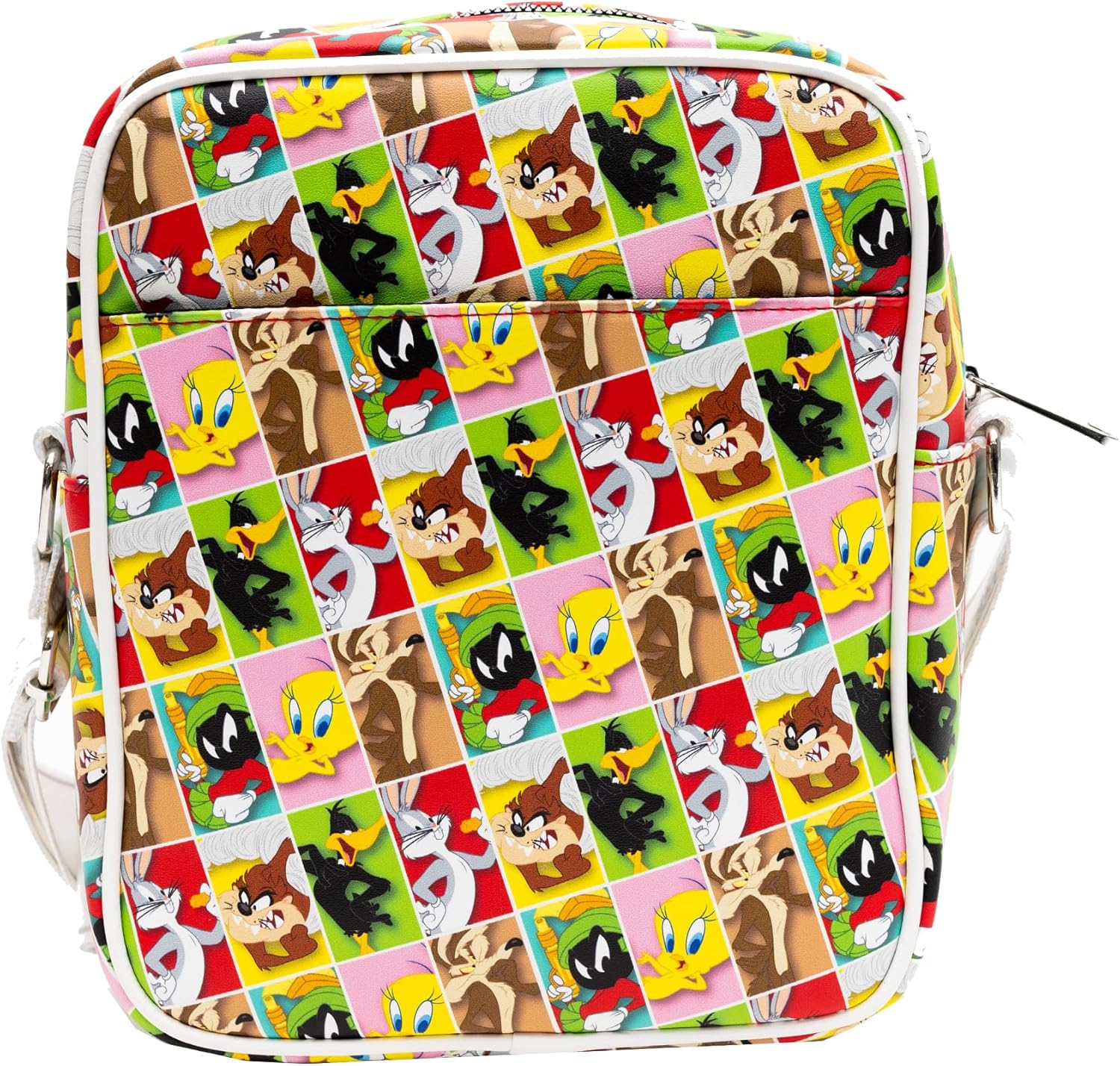 Looney Tunes Vegan Leather Crossbody Bag with Front and Back Zip Pocket, Looney Tunes Bullseye Group Pose and Character Block Poses, 8.5" x 10.0"