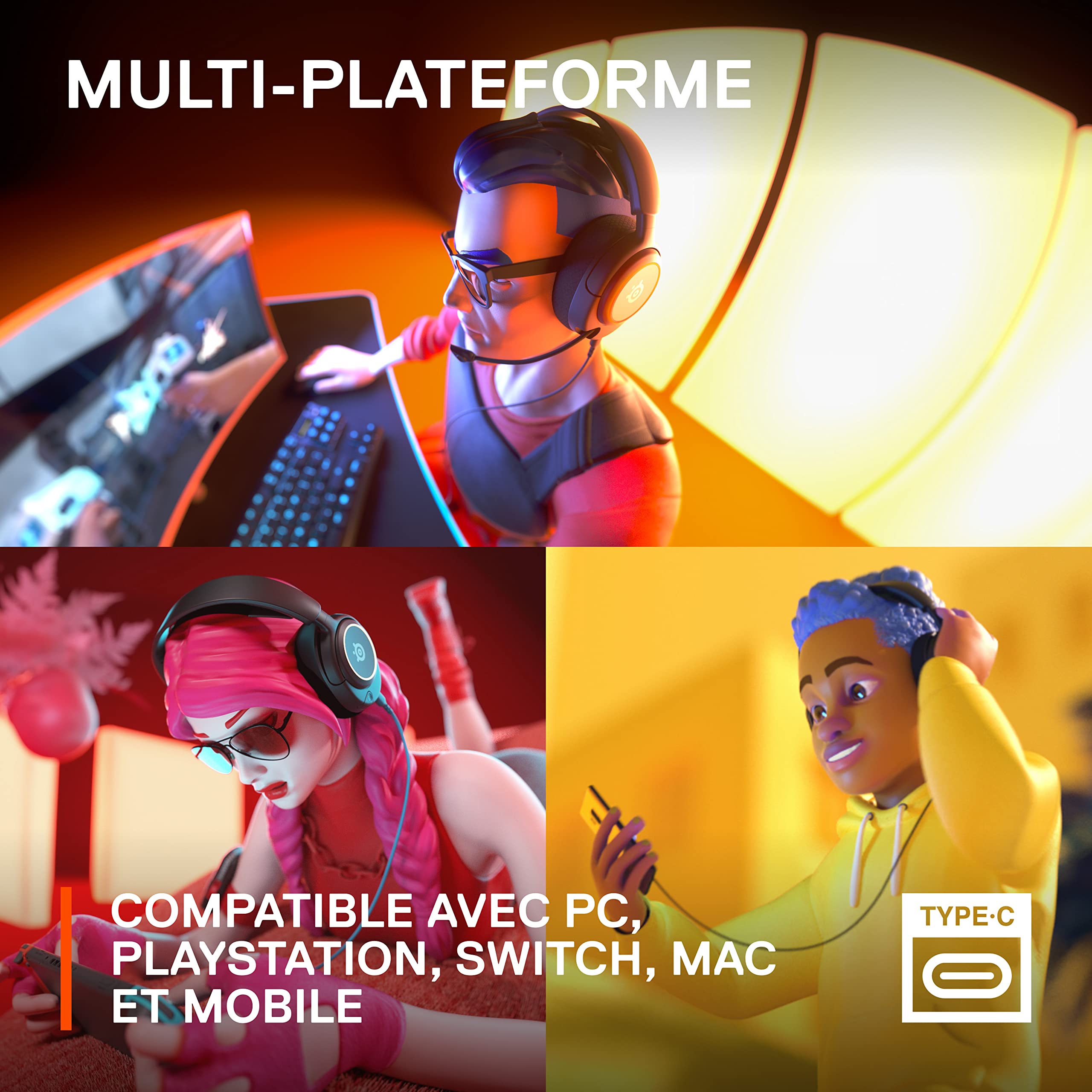 SteelSeries Arctis Nova 3 - Casque de jeu multi-système — Pilotes Haute Fidélité — Son Spatial à 360° — Lumières RVB — Coussinets d’Oreille à Mousse à Mémoire — PC, PS5, PS4, Switch