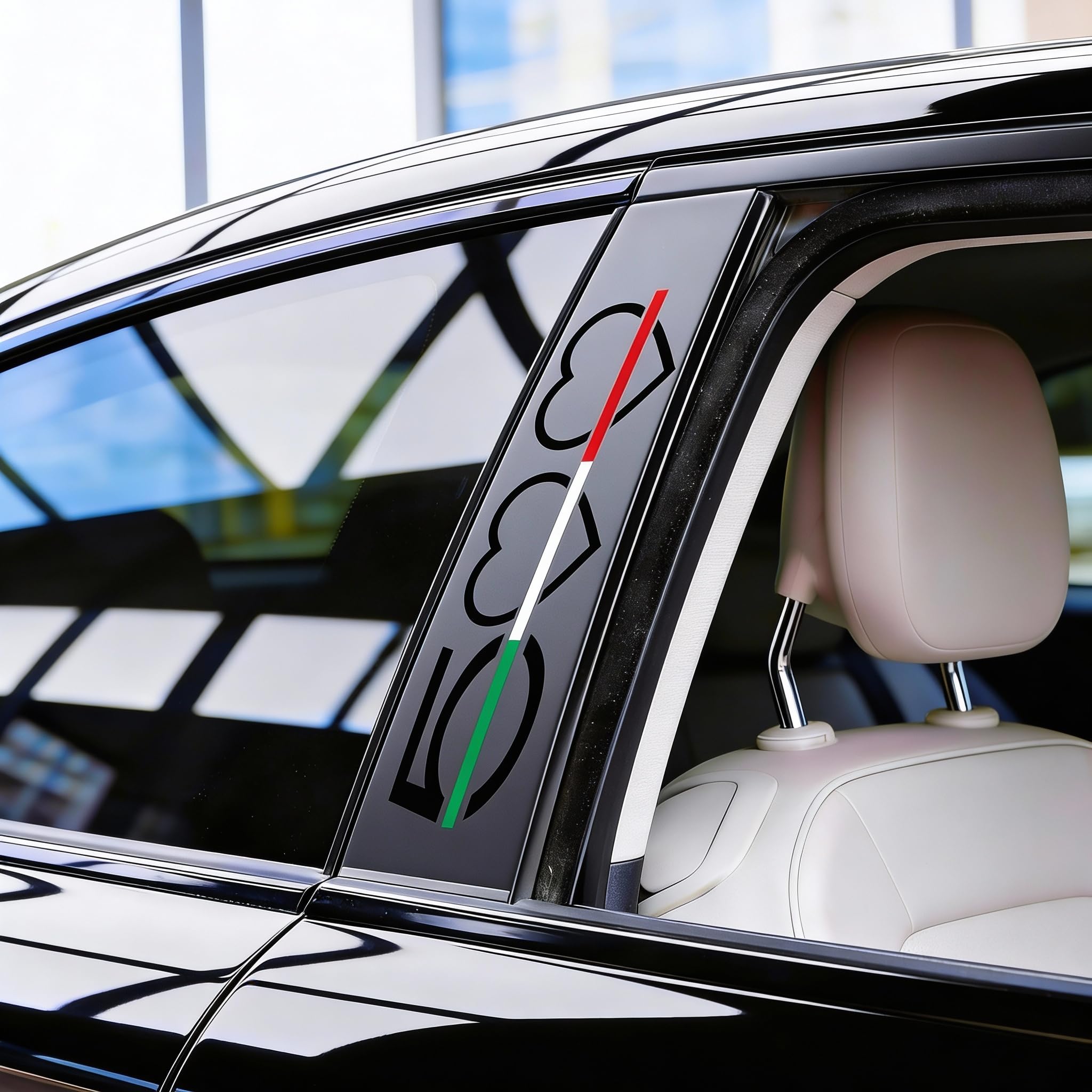 2 Adesivi Montanti Auto “Italia nel Cuore” Compatibile con Fiat 500 – Stickers Tricolore (Nero Opaco)