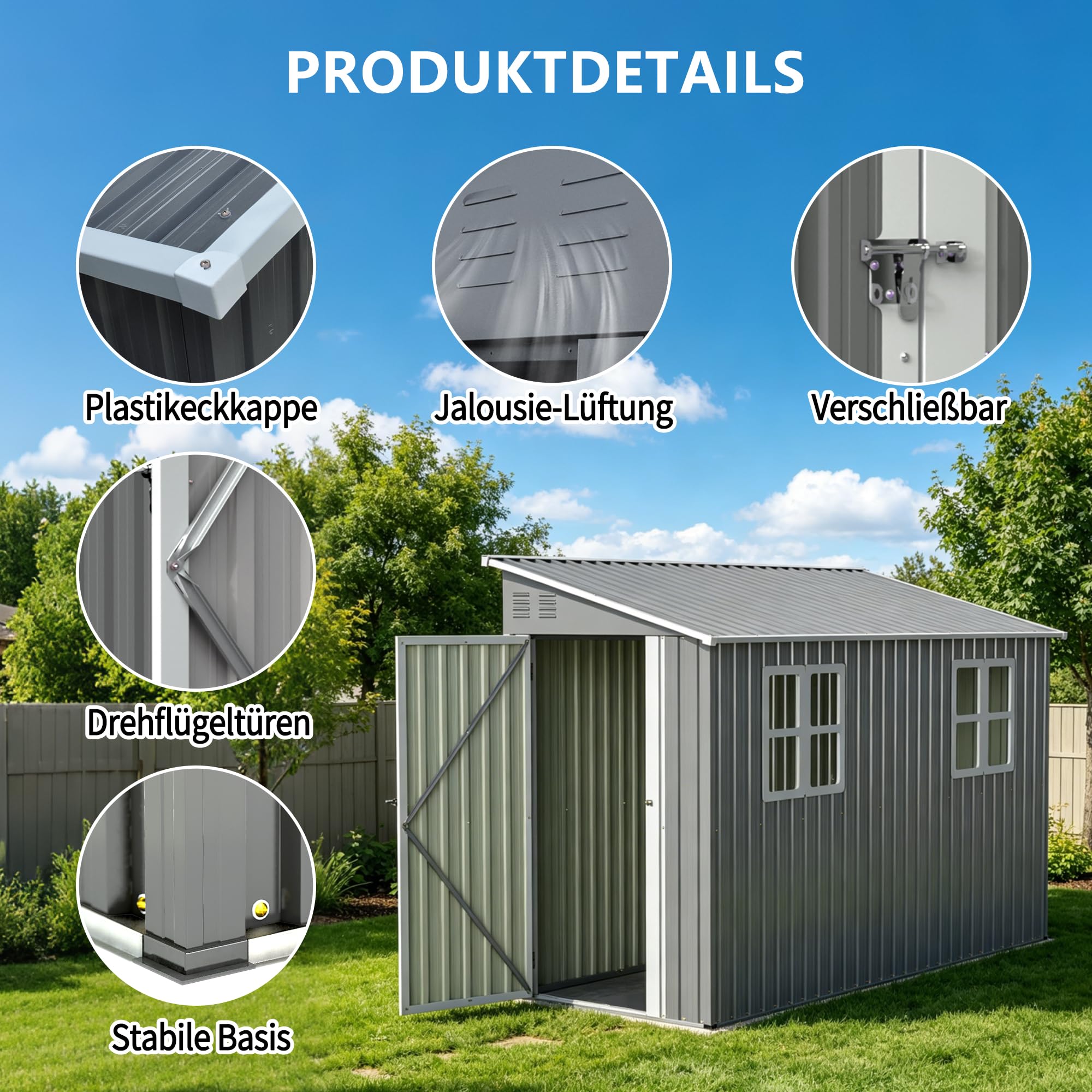 Stabiles Metall Gartenhaus – 1,2x3 m Geräteschuppen mit Stahlrahmen, wetterfest & sicher, Grau (Grey, 291x110.8x188.6 cm)