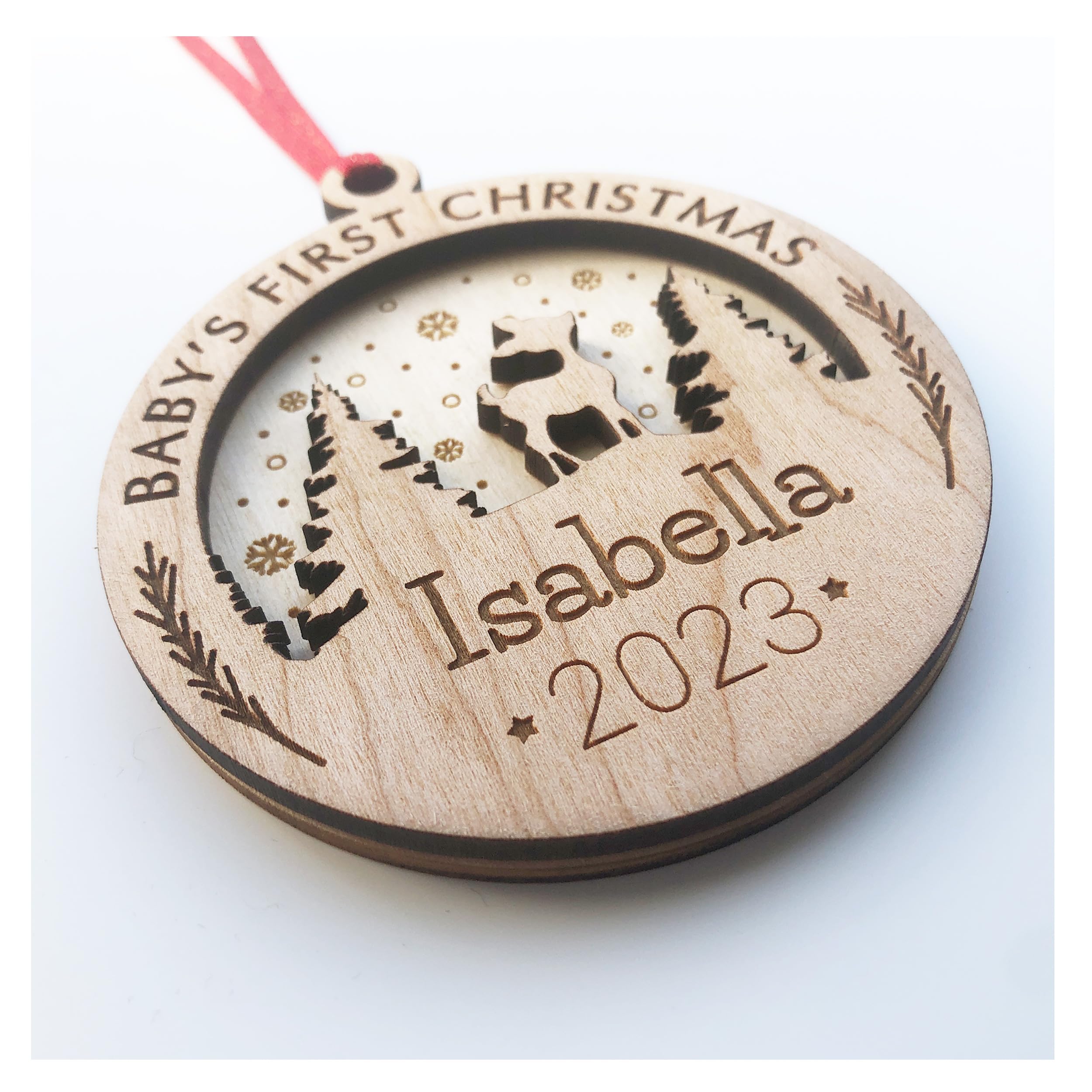 Personalised Baby's 1st Christmas - Wooden Tree Bauble Decoration Double Layered 3D Xmas Gift