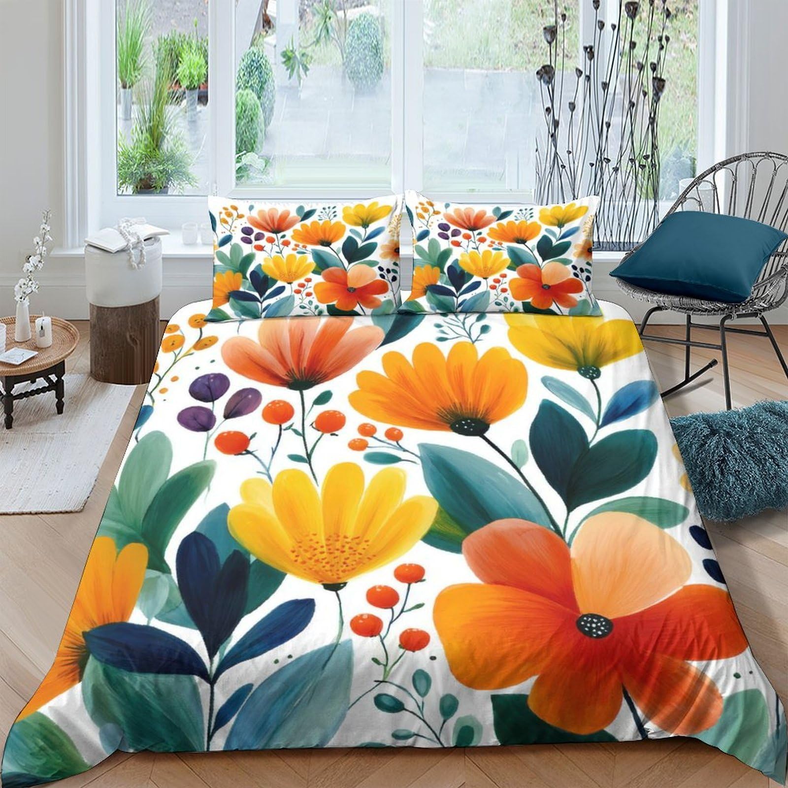 Ctjqhvkz Style-2 3D Printed Vibrant Floral Fitted Sheet Microfiber Soft Orange Blossom Bed Sheet For Bedroom Guestroom Mattress Decor Single（135X200cm）