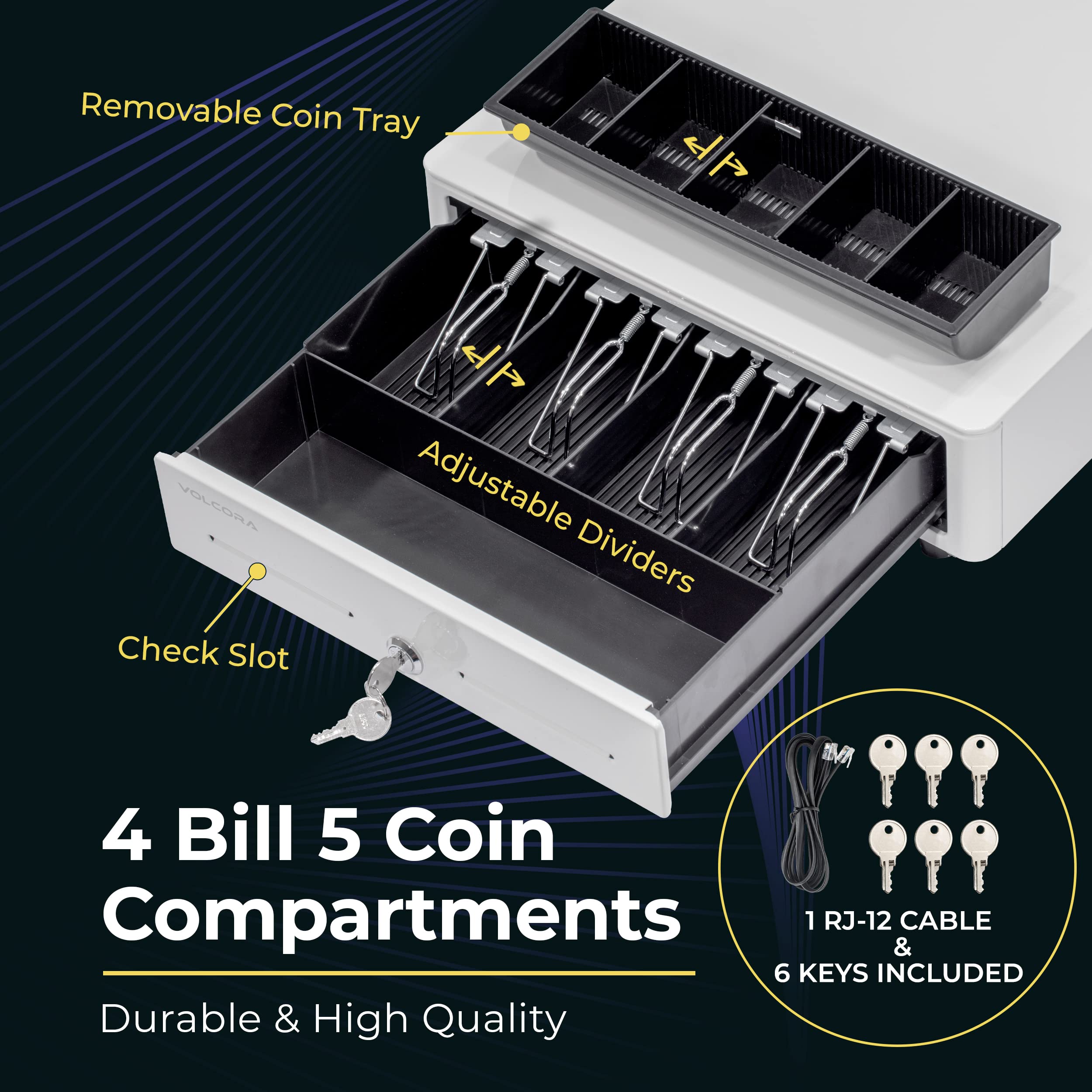 Volcora Tiroir de caisse enregistreuse pour système de point de vente (POS) avec coin rond de 33 cm, plateau amovible pour pièces de monnaie, 4 billets/5 pièces, 24 V, serrure à clé RJ11/RJ12, fente