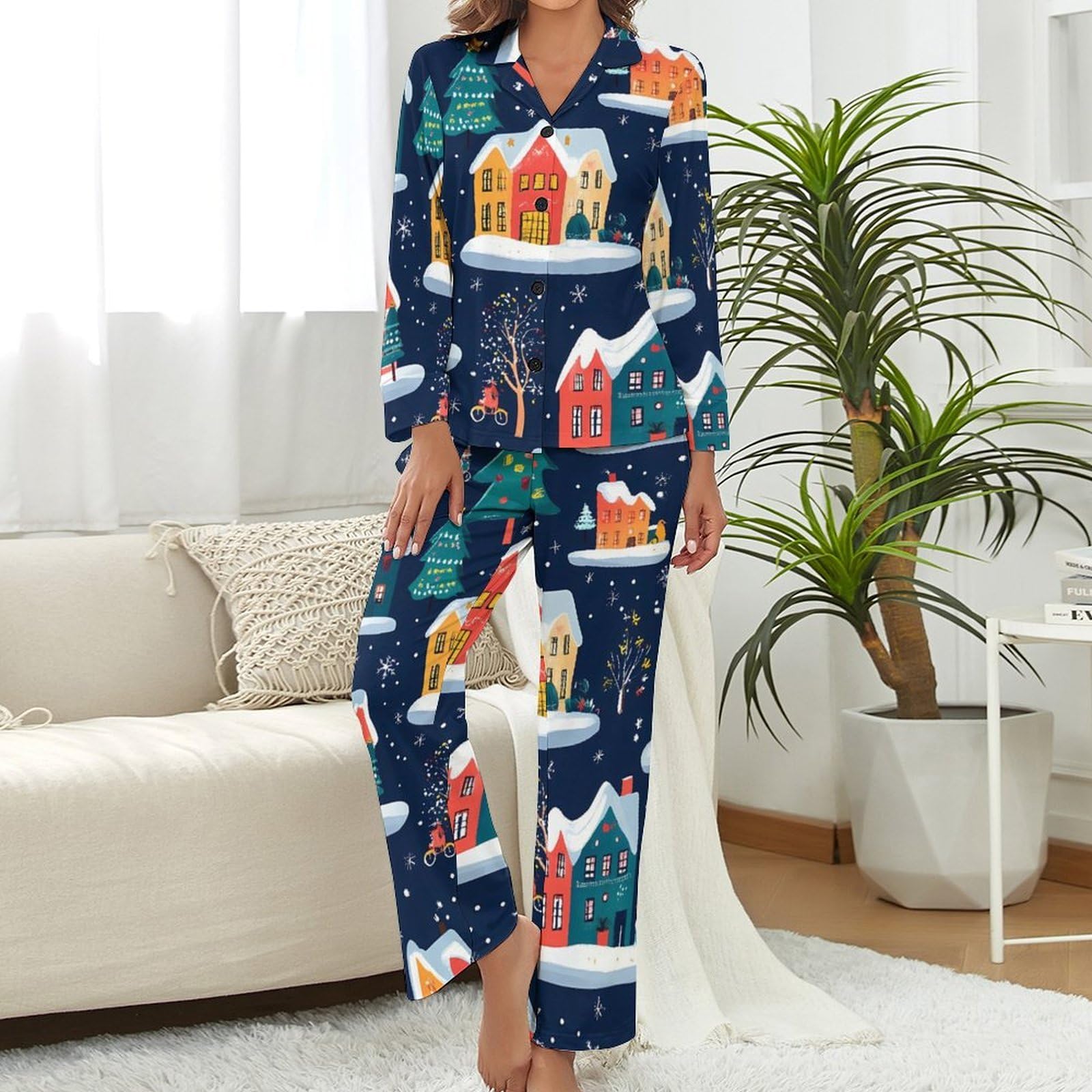 Conjunto de pijama casual de Navidad con diseño de casas coloridas para mujer, pijama de manga larga con botones, ropa de dormir