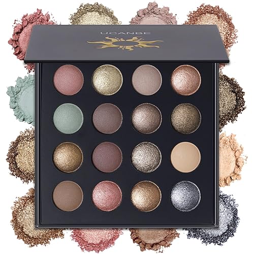UCANBE Baked Eyeshadow Makeup Palette with Hidden Gems, 16 Colors Nude Eye Shadow with Matte Glitter Metallic Shimmer, Highly Pigmented Long Lasting Make Up Pallet