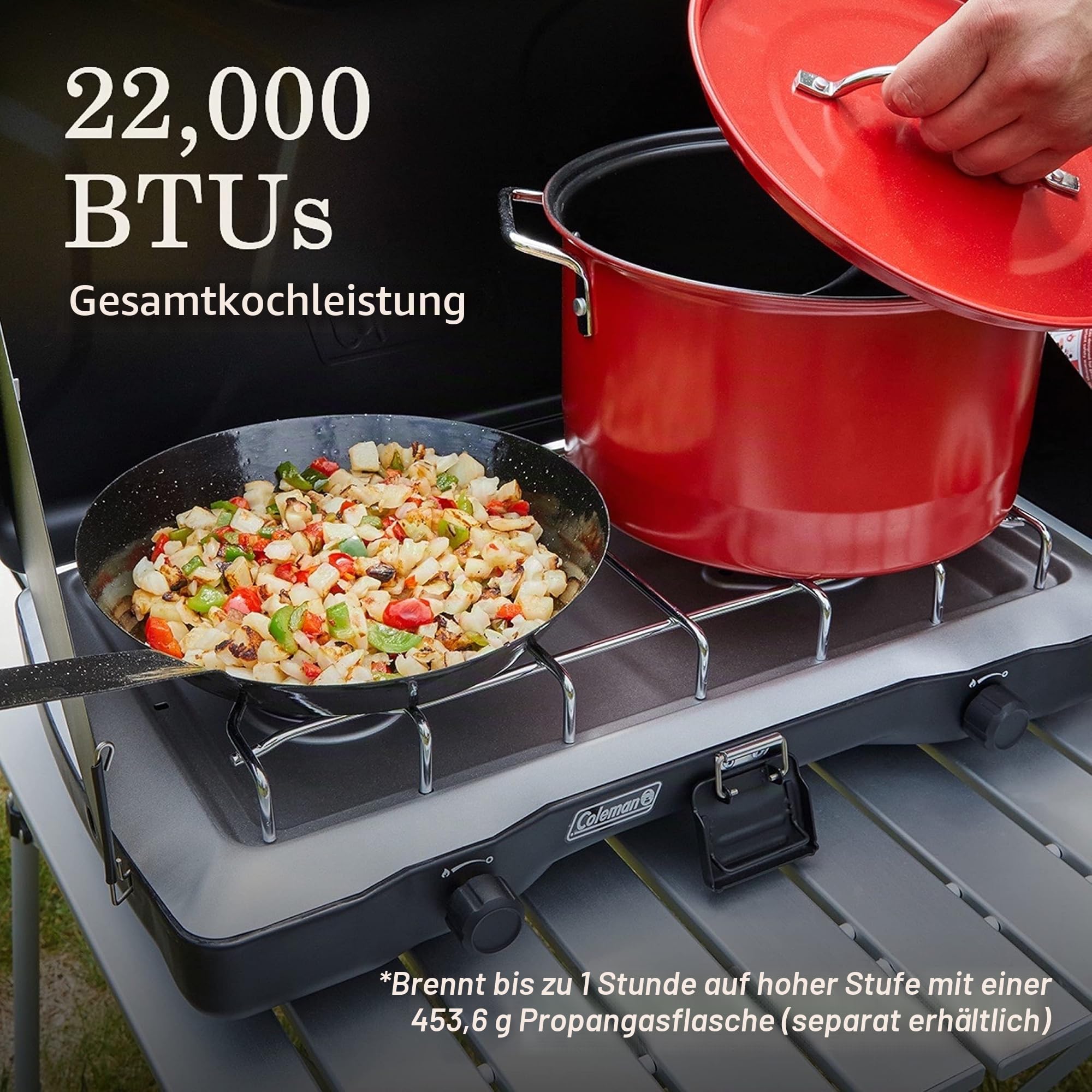 Coleman Triton 2-flammiger Propangas-Campingkocher, tragbarer Campinggrill/Herd mit verstellbaren Brennern, Windschutz, robuster Verriegelung und Griff, insgesamt 22.000 BTU Leistung