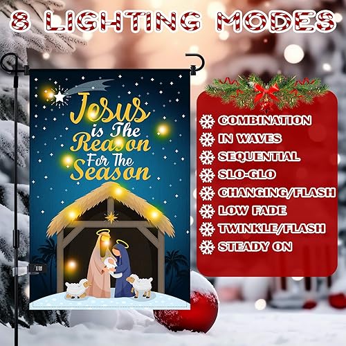 Miniatura 5 de Ganeen Banderas de jardín de Navidad iluminadas de 12 x 18 pulgadas, banderas LED de Navidad y soporte para asta de bandera, banderas de invierno