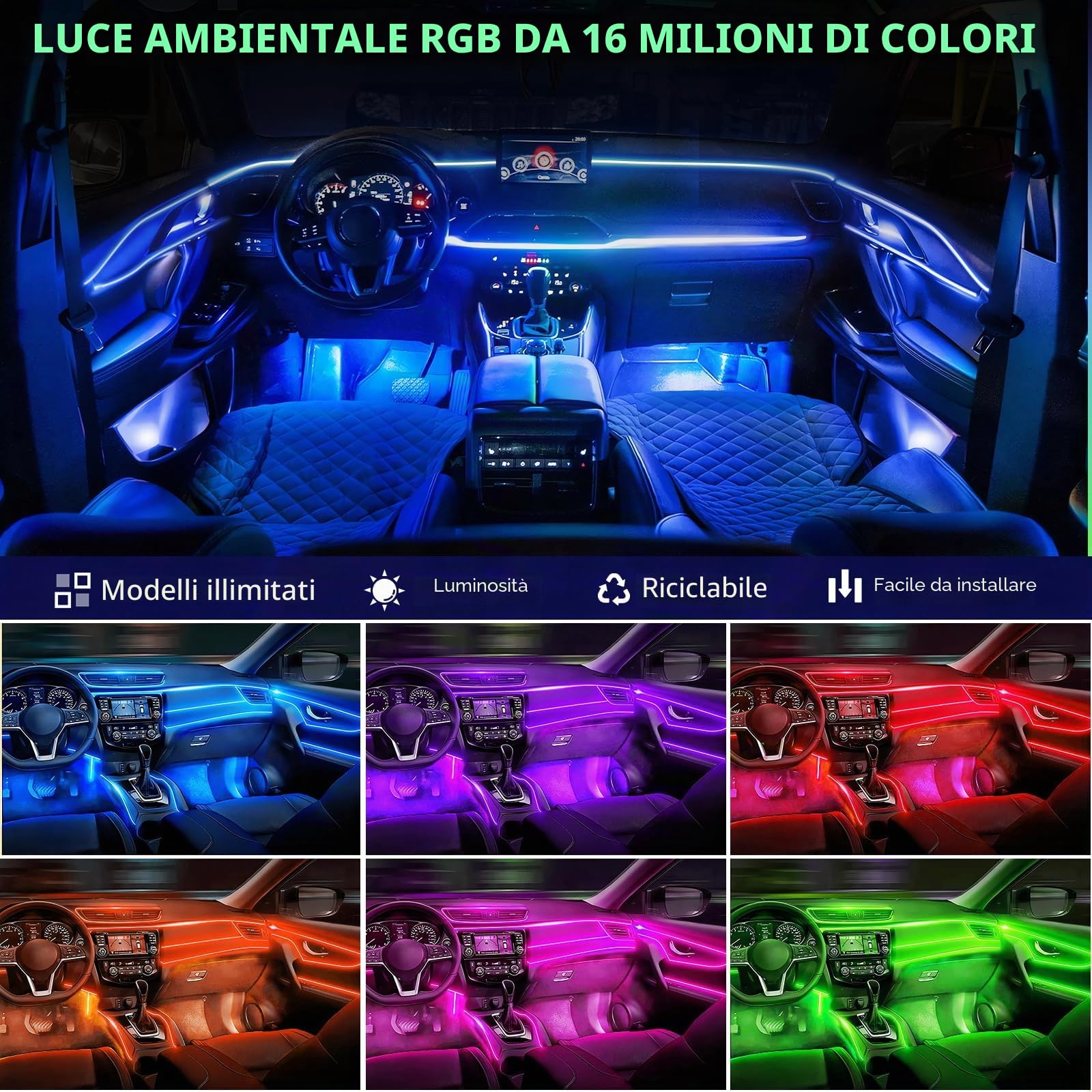 Defvnsy Illuminazione a LED per interni auto, 17 in 1 RGB in acrilico per interni, 64 colori, universale, decorazione per interni auto, atmosfera dinamica, luce al neon con controllo APP