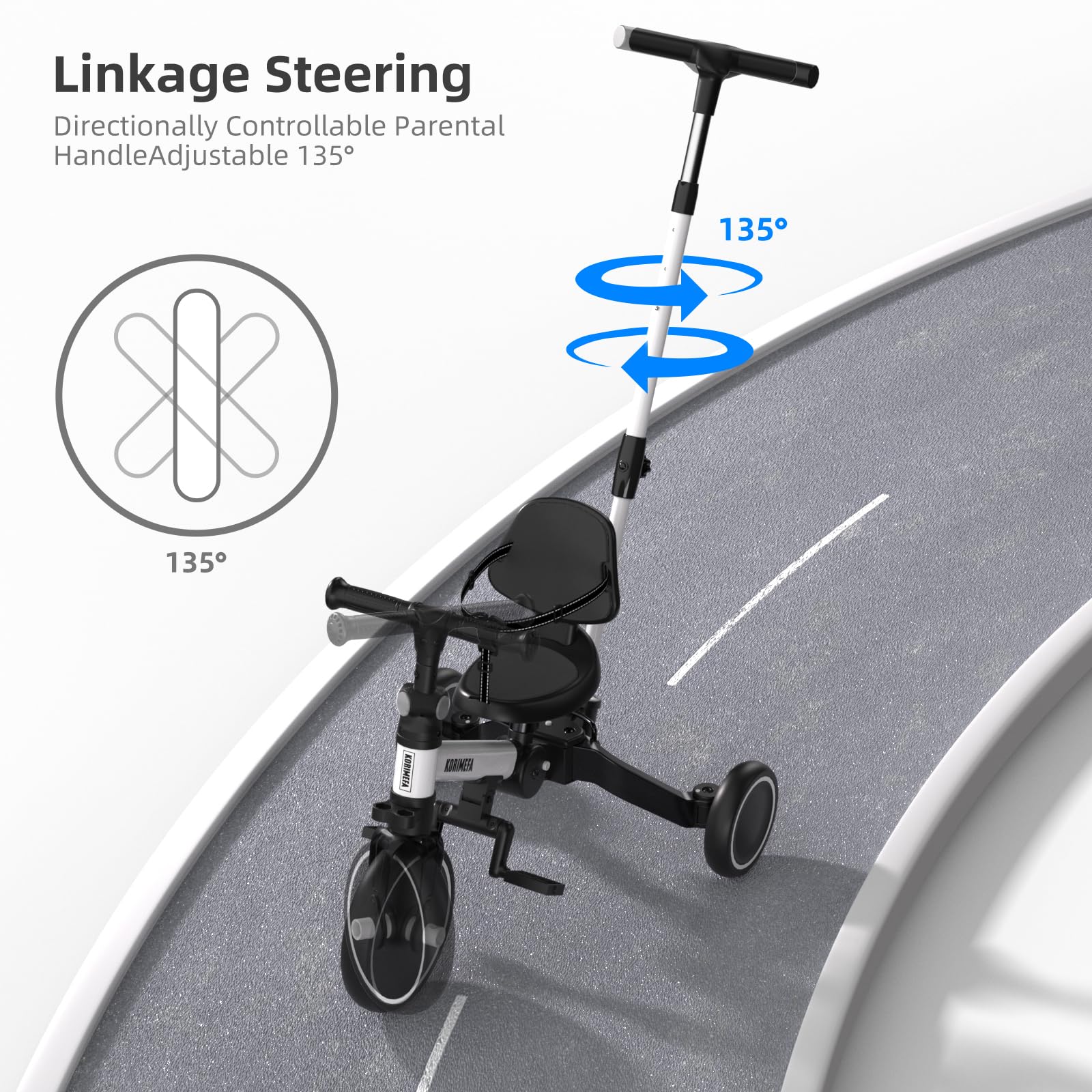 KORIMEFA Vélo d'équilibre pour Enfants, Tricycle à 3 Roues pour Enfants de 1 à 3 Ans, poignée de poussée, pédale Amovible, Dossier, poignée de Direction pour Les Parents, Premier Anniversaire (Blanc)