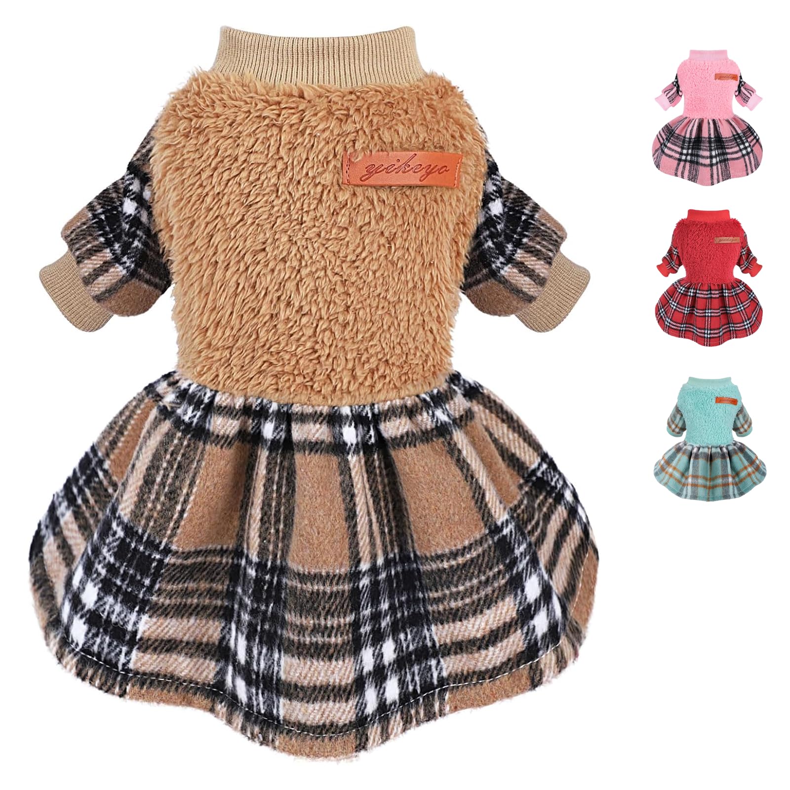 Dog Sweater Dress Plaid Fleece Dog Sweaters for Small Dogs Girl Female Warm Winter Clothes Girl XXS Outfit Apparel Clothes (Khaki, M for 8.8-16.5lb)