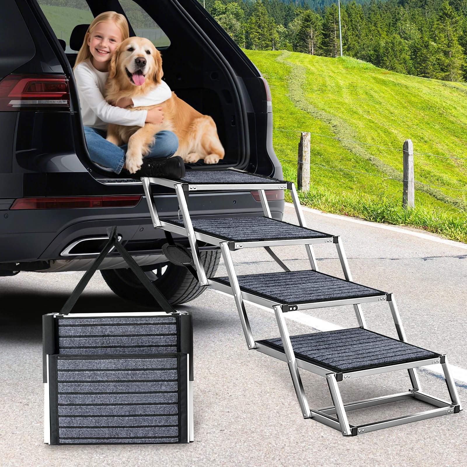 Extra Wide Dog Ramp for Cars,Aluminum Dog Step for Car With Non-Slip Carpet,4 Stpes Lightweight Pet SUV Step,Easy to Fold Pet Stairs for SUV,Trucks,High Beds